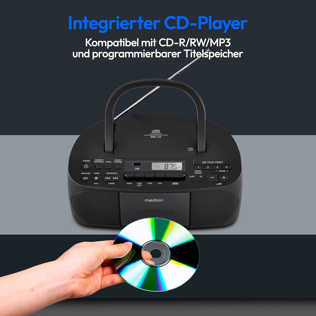 MEDION E65010 Radioregistratore stereo (lettore CD, cassetta, porta USB, ingresso audio AUX, riproduzione MP3, radio PLL FM, 40 stazioni memorizzabili, funzionamento a batteria, telecomando) bianco