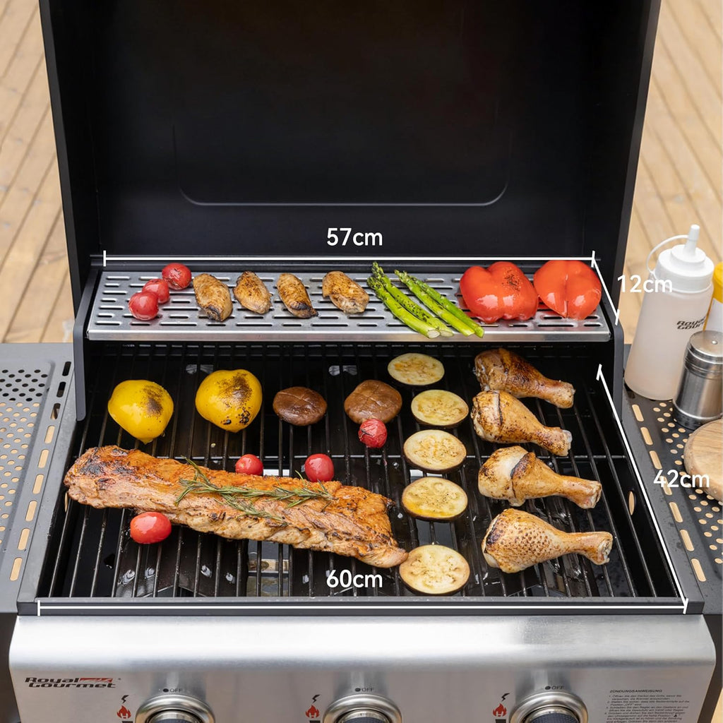 Royal Gourmet Grill a gas carrello 3 bruciatori 9 kW, fornello a gas da campeggio con piastra di cottura, barbecue da giardino con apribottiglie, regolatore di pressione e tubo del gas, griglia di cottura ca. 60 x 42 cm, Nero