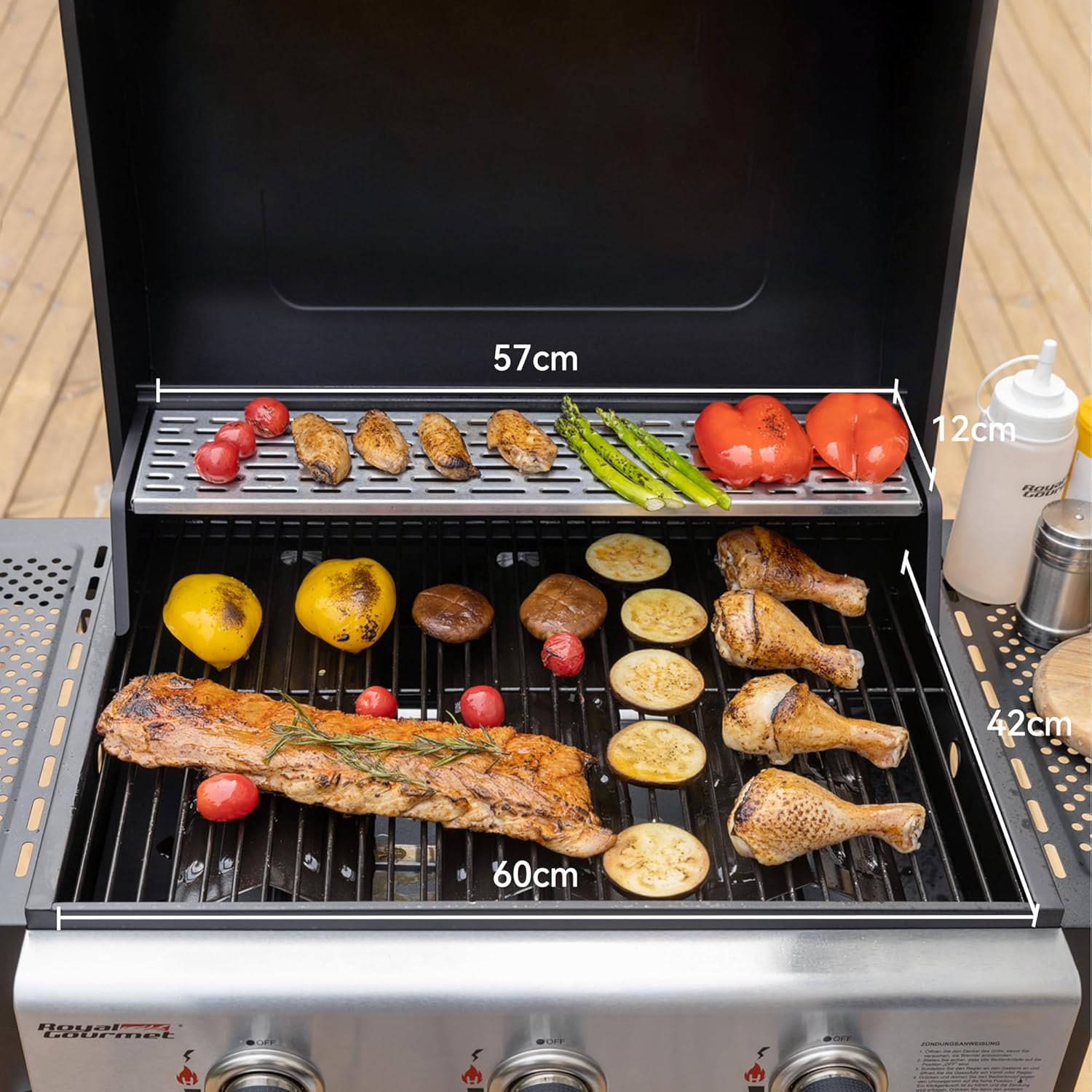 Royal Gourmet Grill a gas carrello 3 bruciatori 9 kW, fornello a gas da campeggio con piastra di cottura, barbecue da giardino con apribottiglie, regolatore di pressione e tubo del gas, griglia di cottura ca. 60 x 42 cm, Nero