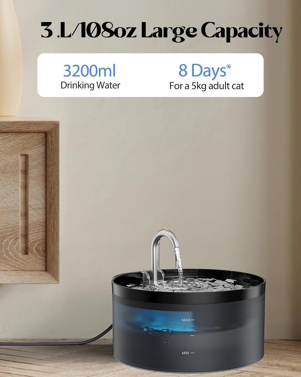 GIOTOHUN Fontana per Gatti a Forma di Rubinetto, 3.2L Fontana d'Acqua per Gatti, Pompa dell'Acqua Super Silenziosa, Filtra i Peli, Facile Smontaggio, 6 Filtri + 3 Filtri in Schiuma