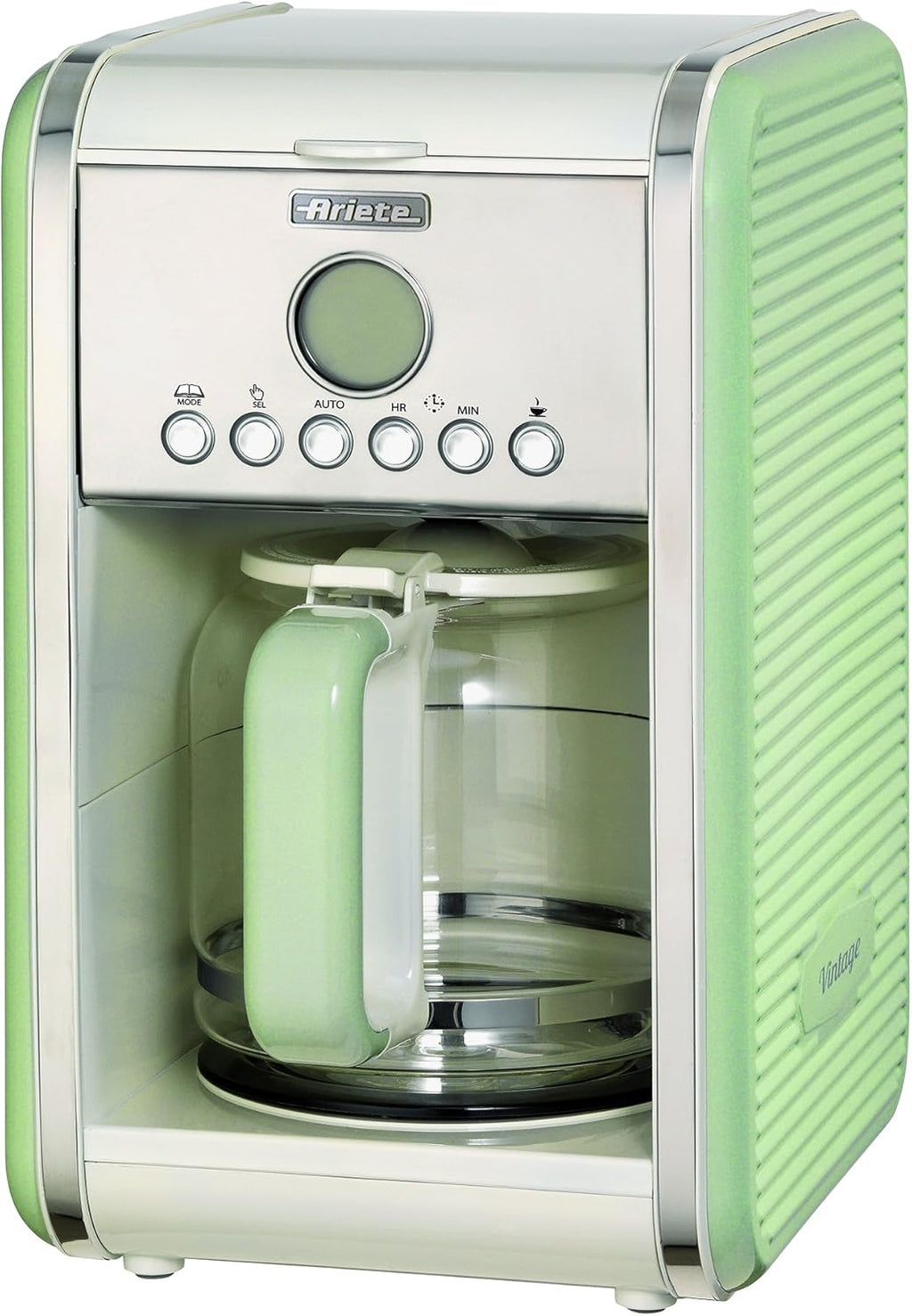 Ariete Vintage 1342 Macchina da Caffè Americano Retrò, Caraffa in Vetro Temperato, Fino a 12 Tazze, Timer 24 Ore, Spegnimento Automatico, Funzione Anti-Goccia, Piastra Riscaldante, Capacità 1.5 L, 2000 W, Verde