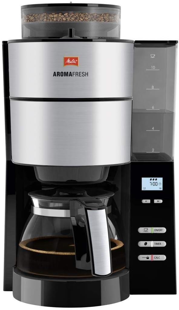 Melitta AromaFresh - Macchina da caffè con filtro - con caraffa in vetro - macinacaffè integrato - funzione timer - 10 tazze - Pure Black