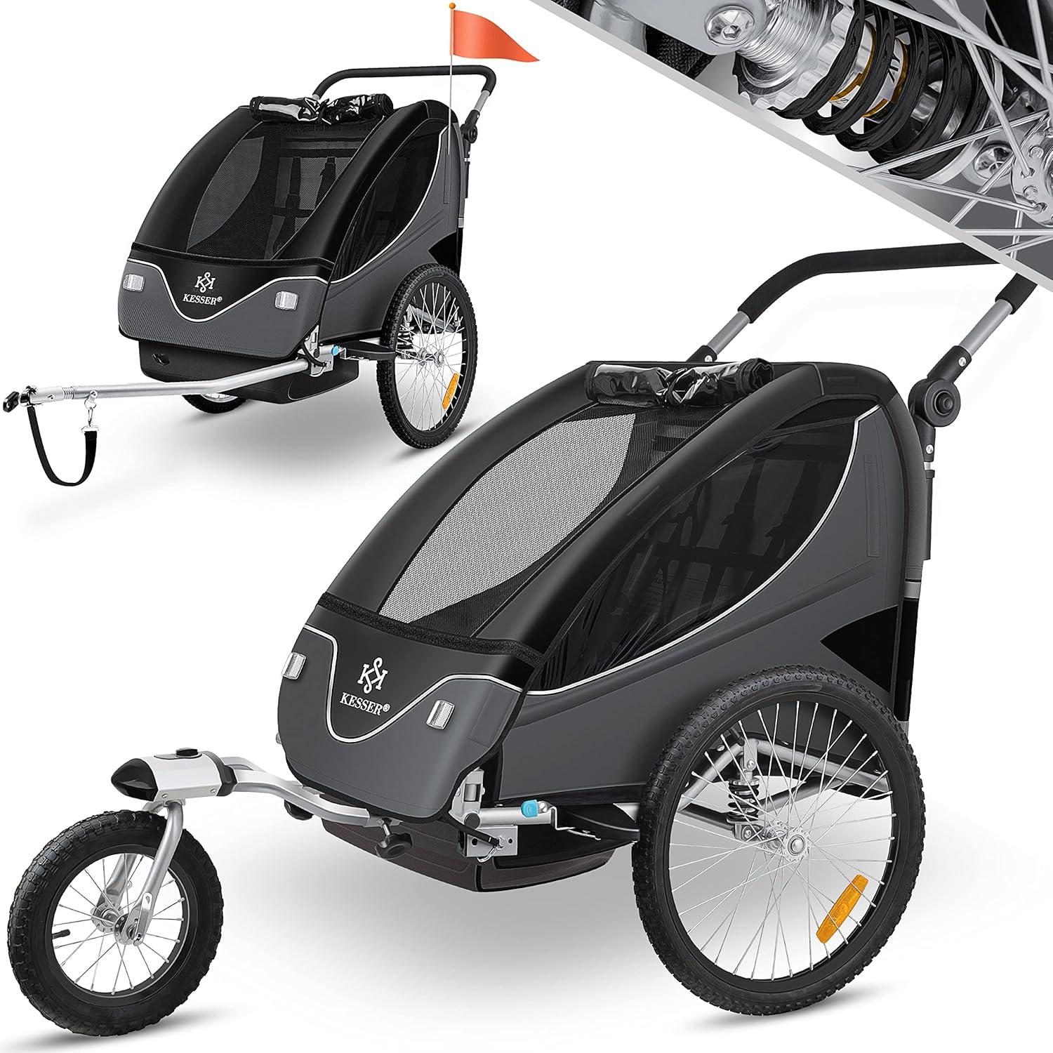 KESSER® Kinderanhänger Fahrradanhänger 360° Drehbar mit Federung 2in1 Joggerfunktion Kinderfahrradanhänger + 5-Punkt Gurt Jogger Fahrrad Anhänger für 1 bis 2 Kinder max. 40kg Inkl. Warnfahne Hellgrau