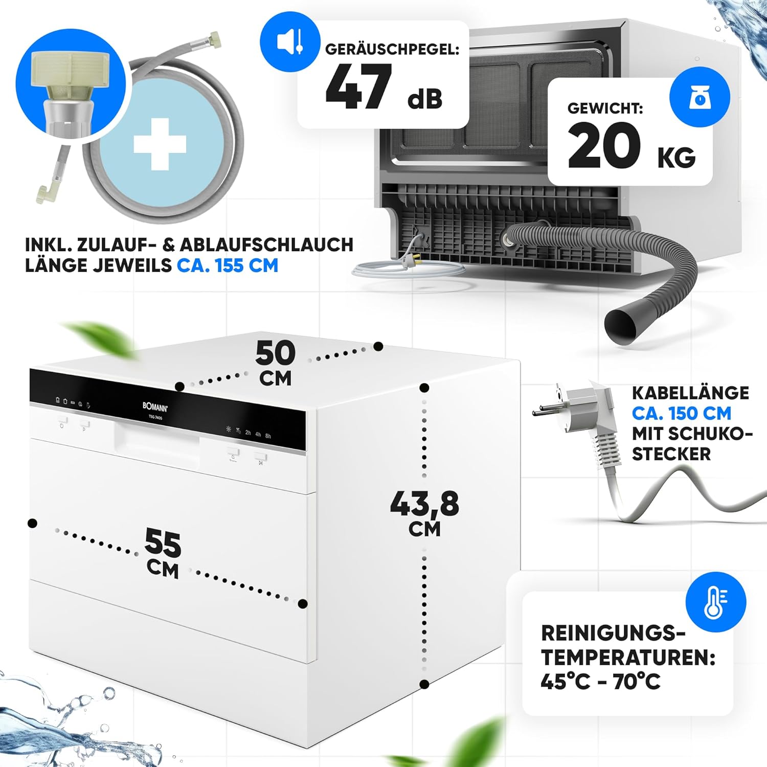Bomann Mini lavastoviglie con attacco per l'acqua | incl. tubo flessibile | Lavastoviglie da tavolo silenziosa | Mini lavastoviglie per piccole cucine/campeggio | Lavastoviglie piccola con protezione anti-trabocco | TSG 7405 bianco