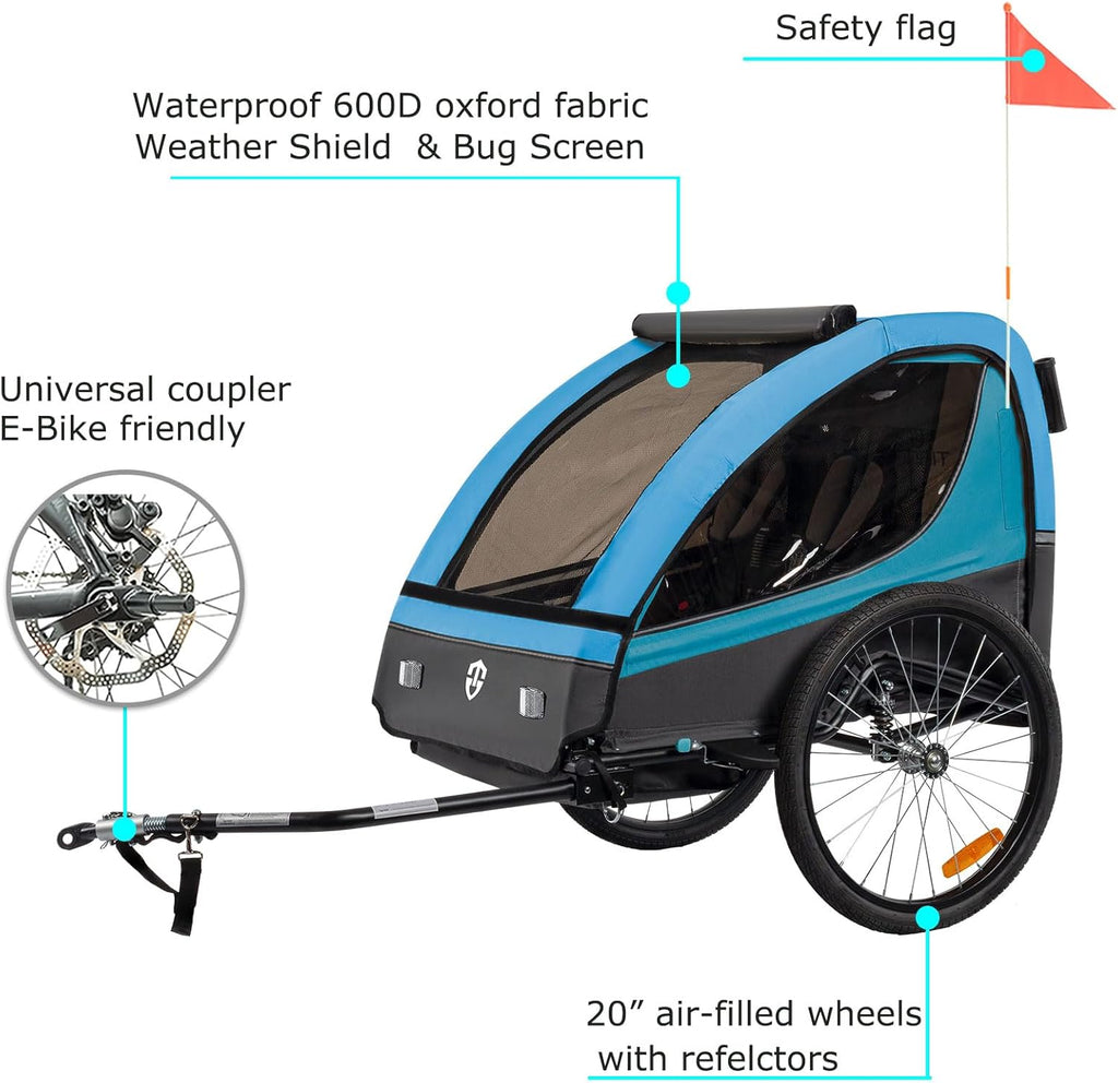 Tiggo VS Kinderanhänger 360° Drehbar mit Federung 2in1 Fahrradanhänger mit Buggy Set Jogger 5-Punkt Gurt Fahrrad Anhänger für 1 bis 2 Kinder max. 40kg