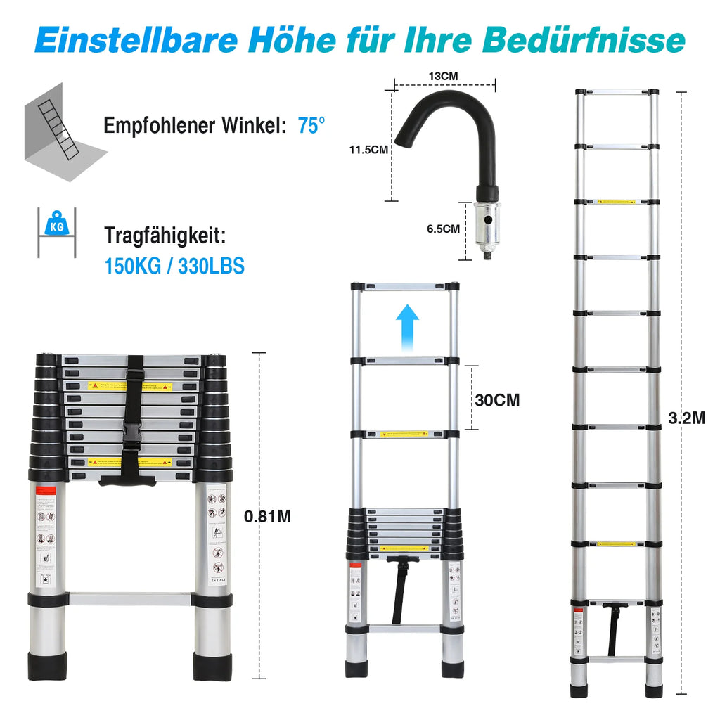 Sonnewelt Teleskopleiter mit 2 Abnehmbarem Haken