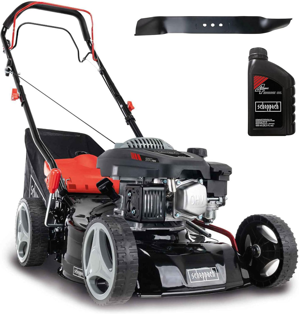 Scheppach Tosaerba a Benzina MS150-42 - 3,5 CV | Larghezza di Taglio 42cm | Trazione | Scocca in Acciaio | Funzione di Pulizia | Funzione Mulching | Sacco di Raccolta 45 Litri | Regolazione Altezza in 7 Posizioni (25-75mm)