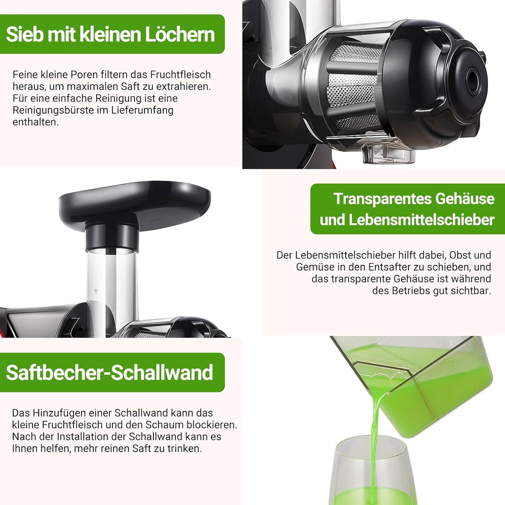 【Neues】Entsafter AOBOSI-Slow juicer mit 2 Geschwindigkeitsstufen-Entsafter gemüse und obst mit 8 stufiger Schnecke-Saftpresse mit Reinigungsbürste&2 Bechern-Obstpresse mit Reversierfunktion