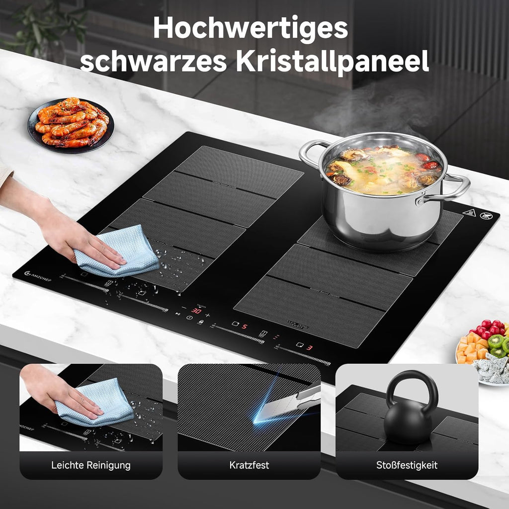 AMZCHEF Piano cottura a induzione 60cm con due zone flessibili, 4 zone, funzionamento silenzioso, 9 livelli di potenza e Booster - funzione BBQ, funzione pausa e mantenimento in caldo, 7400W