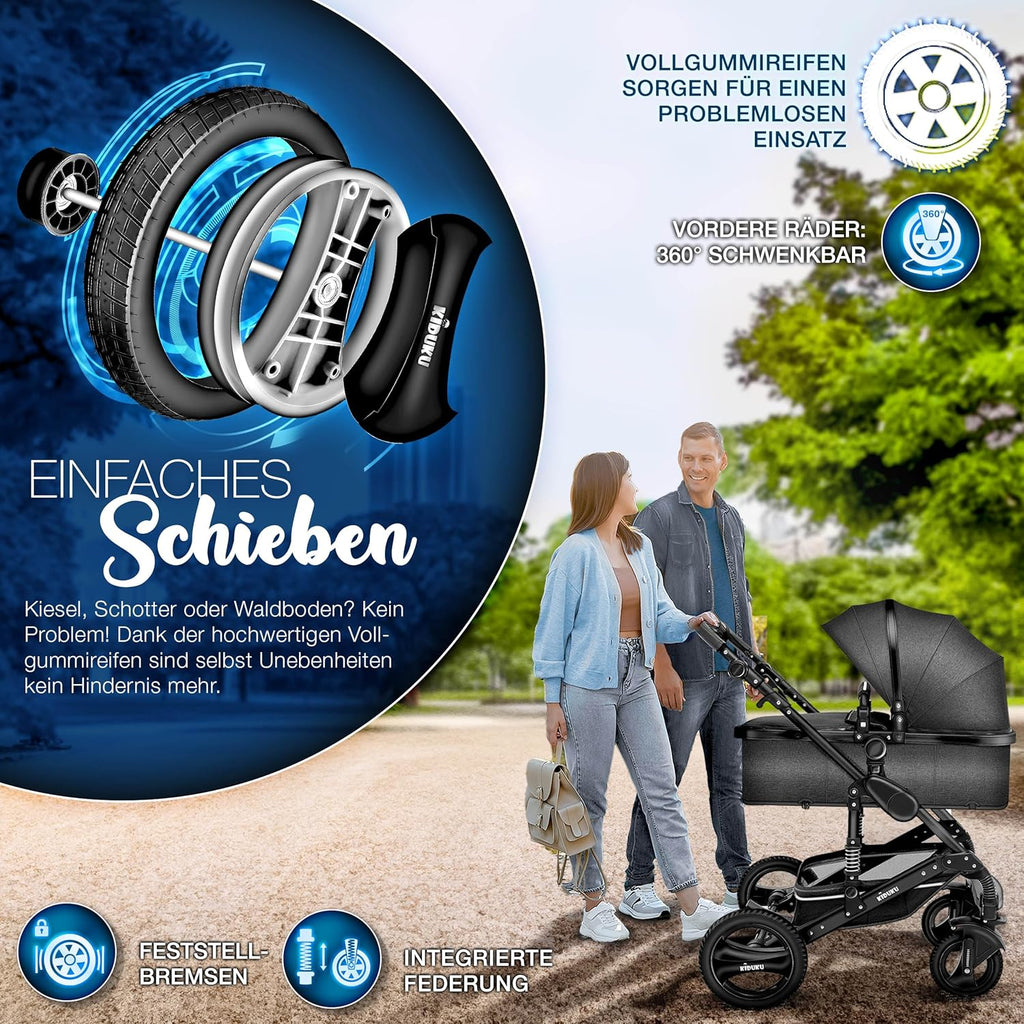 KIDUKU® Set completo passeggino 3 in 1 | Set passeggino combinato con navicella e sedile sportivo passeggino e seggiolino auto ovetto sacco a pelo | Ruote in gomma piena borsa per il cambio scaldamani parapioggia tavolino ECE R129