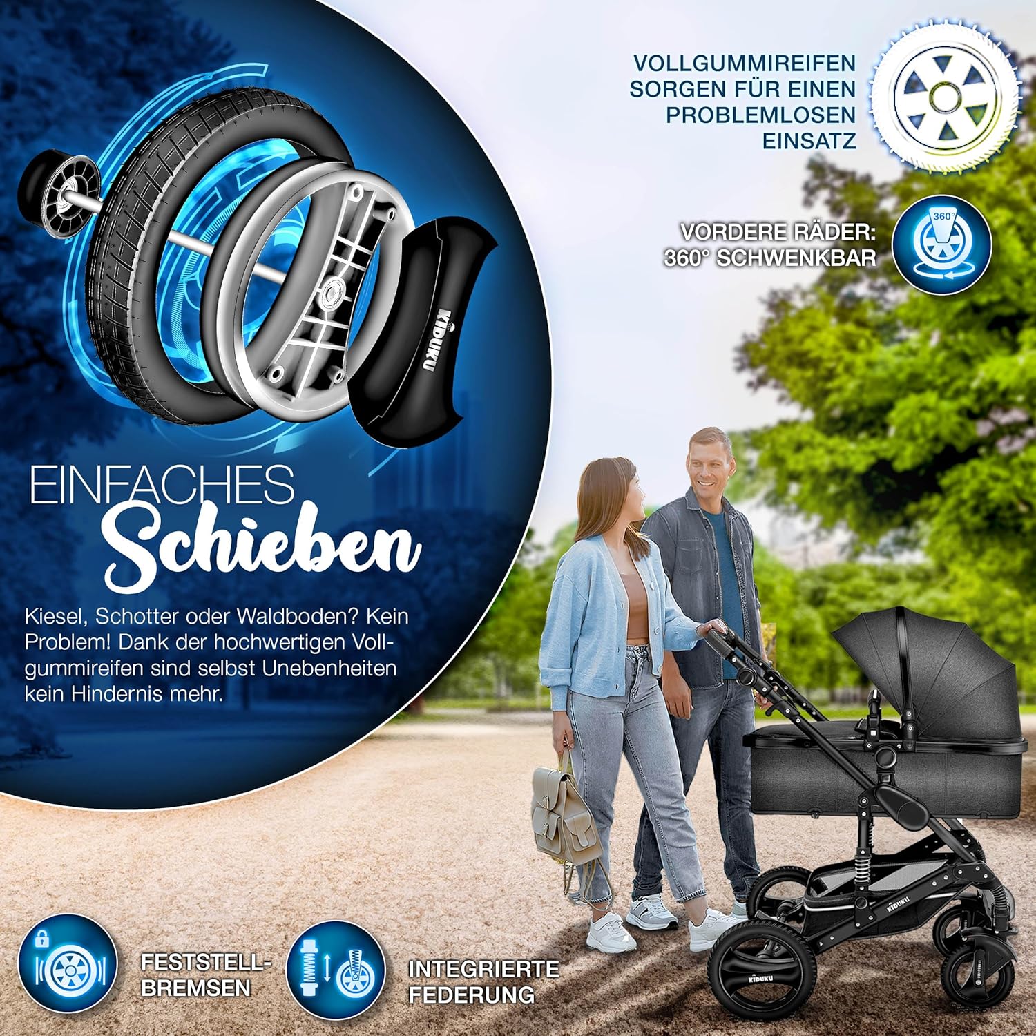 KIDUKU® Set completo passeggino 3 in 1 | Set passeggino combinato con navicella e sedile sportivo passeggino e seggiolino auto ovetto sacco a pelo | Ruote in gomma piena borsa per il cambio scaldamani parapioggia tavolino ECE R129