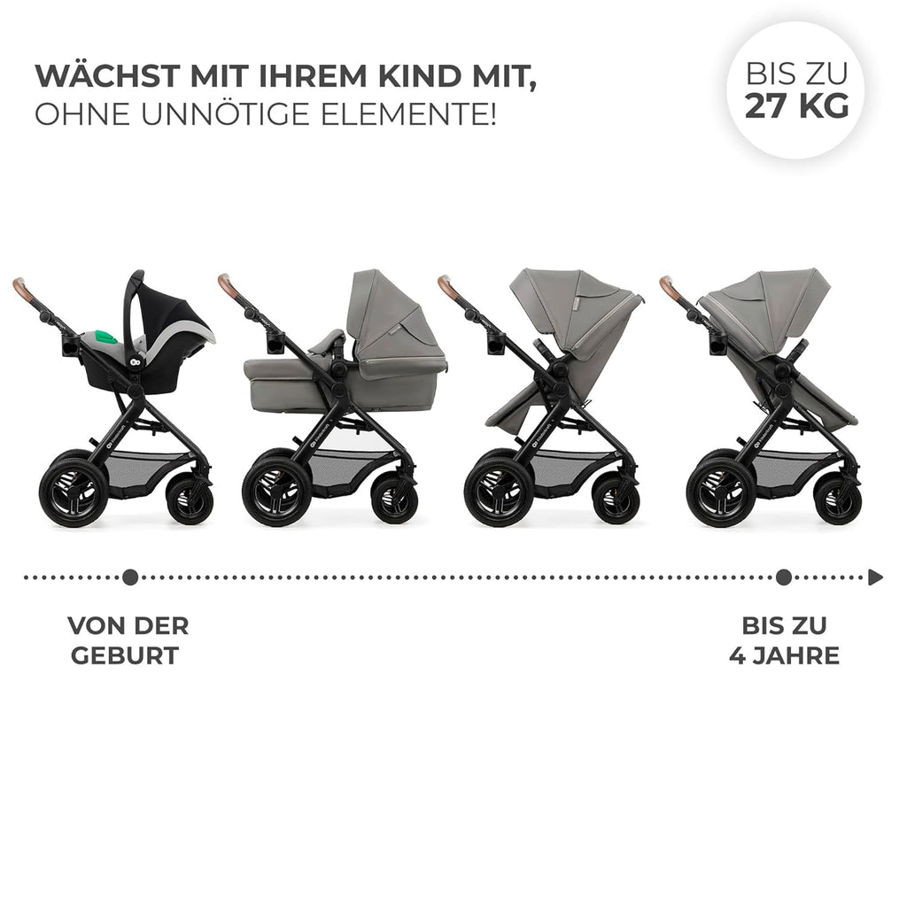 Kinderkraft MOOV2 AIR Passeggino 3 in 1 Set Passeggino fino a 26 kg con seggiolino auto I-SIZE 40-75 cm, funzione passeggino, schienale reclinabile, ampia capottina estensibile, ruote gonfiabili, nero