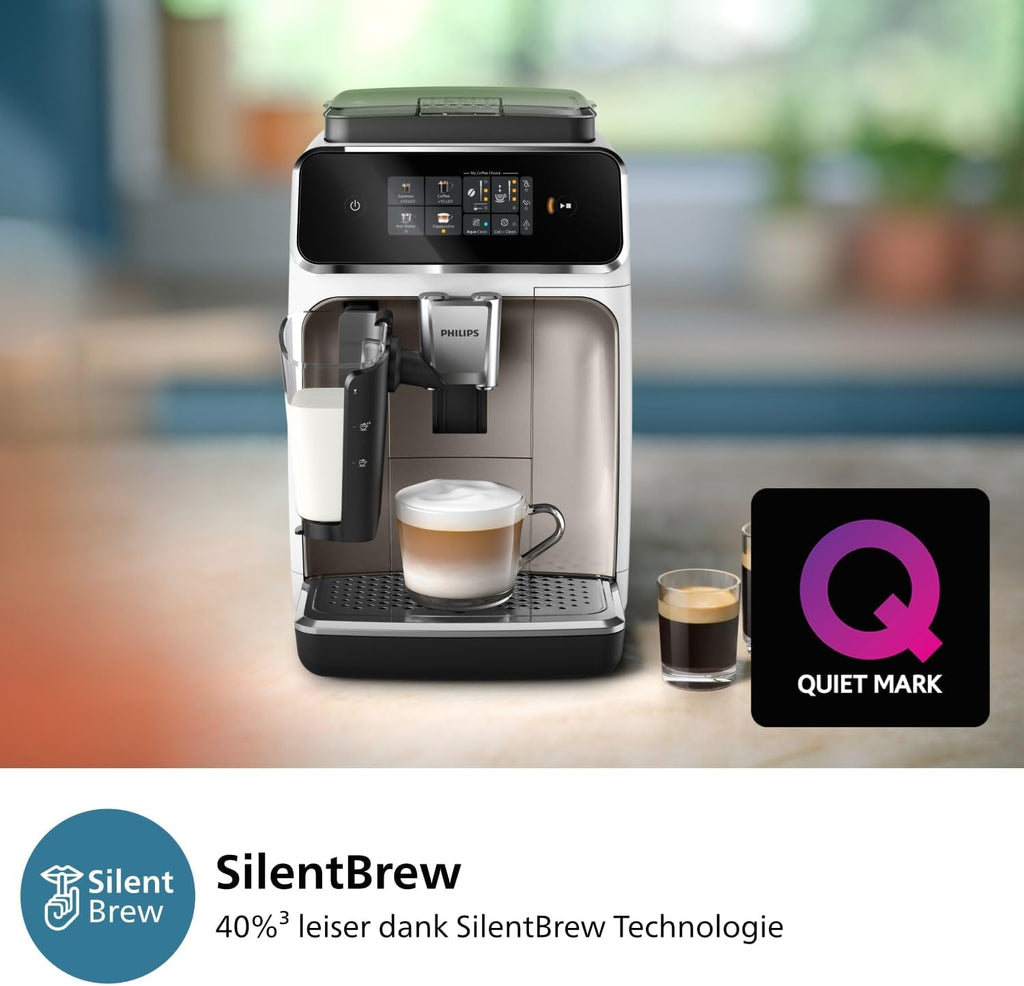 Macchina da caffè espresso automatica Philips Serie 2300 - 4 bevande, display touch a colori moderno, sistema del latte LatteGo, SilentBrew, macine in ceramica, filtro AquaClean. Cromata bianca (EP2333/40)