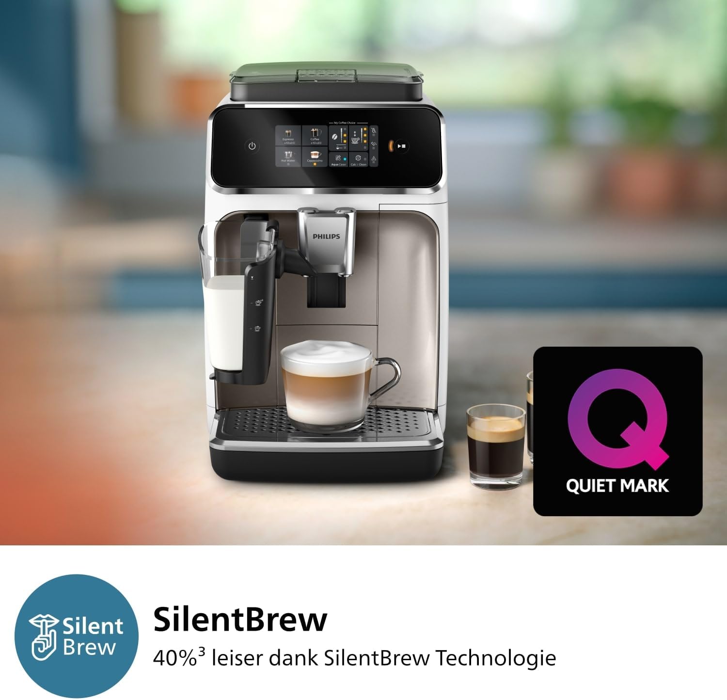 Macchina da caffè espresso automatica Philips Serie 2300 - 4 bevande, display touch a colori moderno, sistema del latte LatteGo, SilentBrew, macine in ceramica, filtro AquaClean. Cromata bianca (EP2333/40)