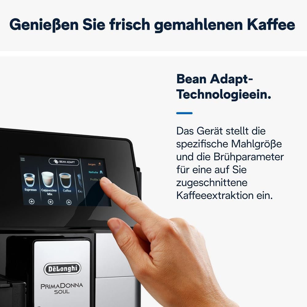 De'Longhi PrimaDonna Soul Perfetto ECAM 612.55.SB Macchina da caffè automatica con sistema LatteCrema e tecnologia Bean Adapt, 18 ricette, con display a colori e controllo tramite app, Argento/Nero