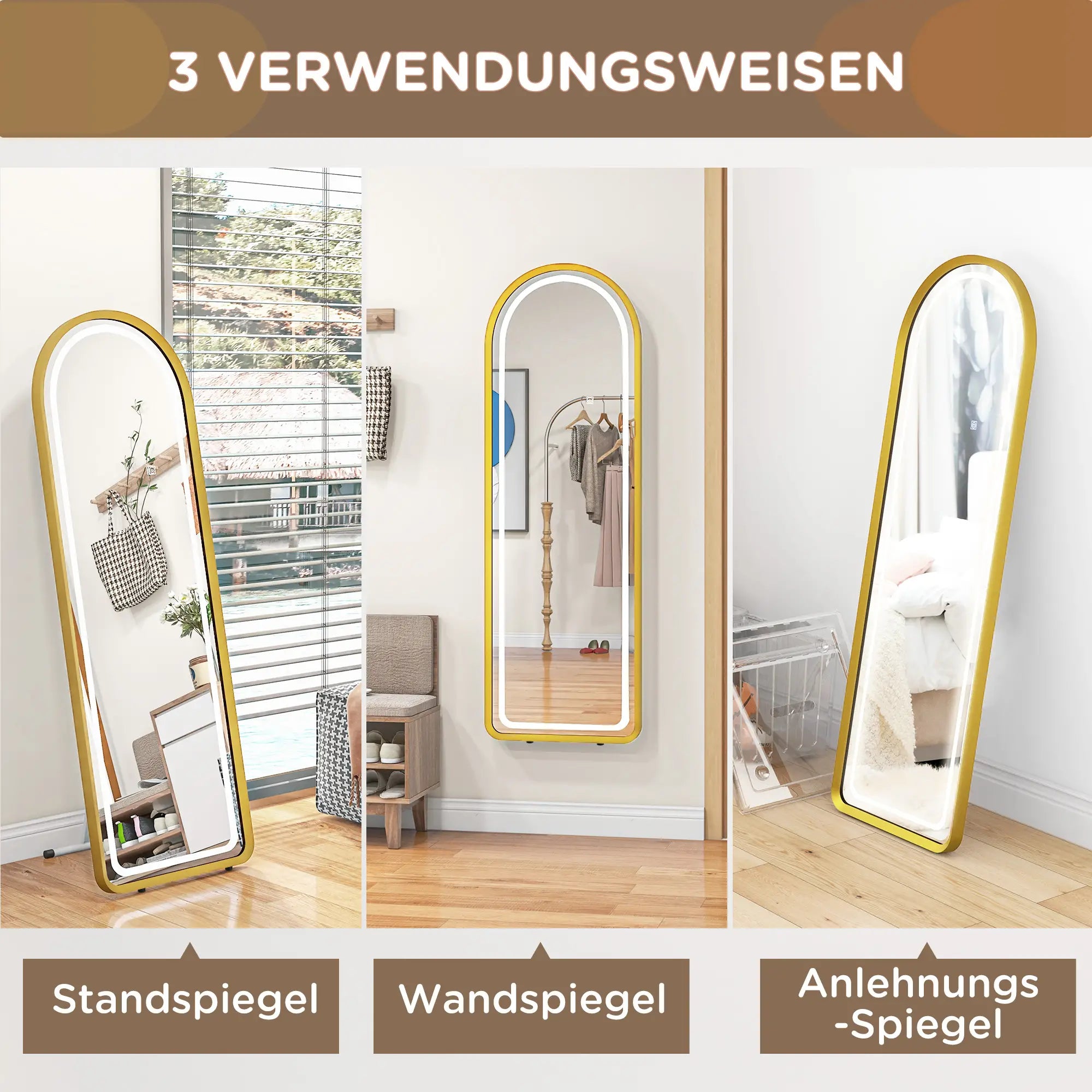 HOMCOM Standspiegel LED Touch dimmbar 3-in-1 Aluminium Gold