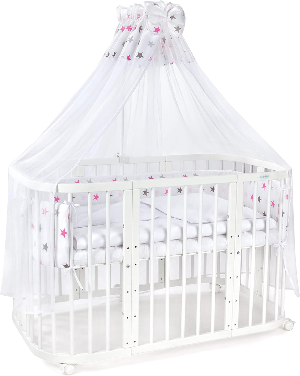 Waldin Lettino per bambini in legno 7in1 con materasso, Letto "Cresci con me", Ventilato, Base regolabile in 5 altezze, Set All-Inclusive, Legno Bianco