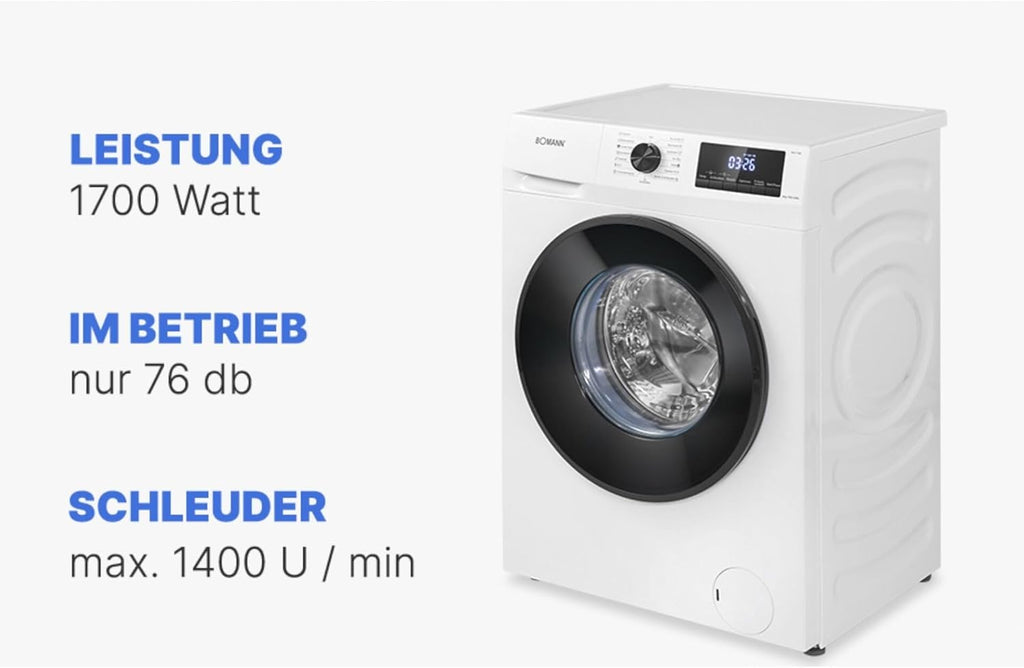 Lavatrice Bomann 7kg | max. 1400 giri/min | 10 anni di garanzia sul motore | Motore inverter efficiente, silenzioso e durevole | 15 programmi | Programmazione fine ciclo | Display LED | WA 7175 bianca