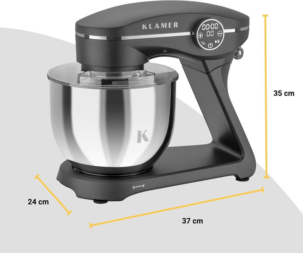 KLAMER Robot da Cucina 1800W, Impastatrice per Pane con Ciotola in Acciaio Inox da 6 L, 10 Velocità con Timer, Movimento Planetario, Frusta a Filo, Gancio Impastatore, Frusta a Palloncino e Coperchio Antischizzi (Nero)