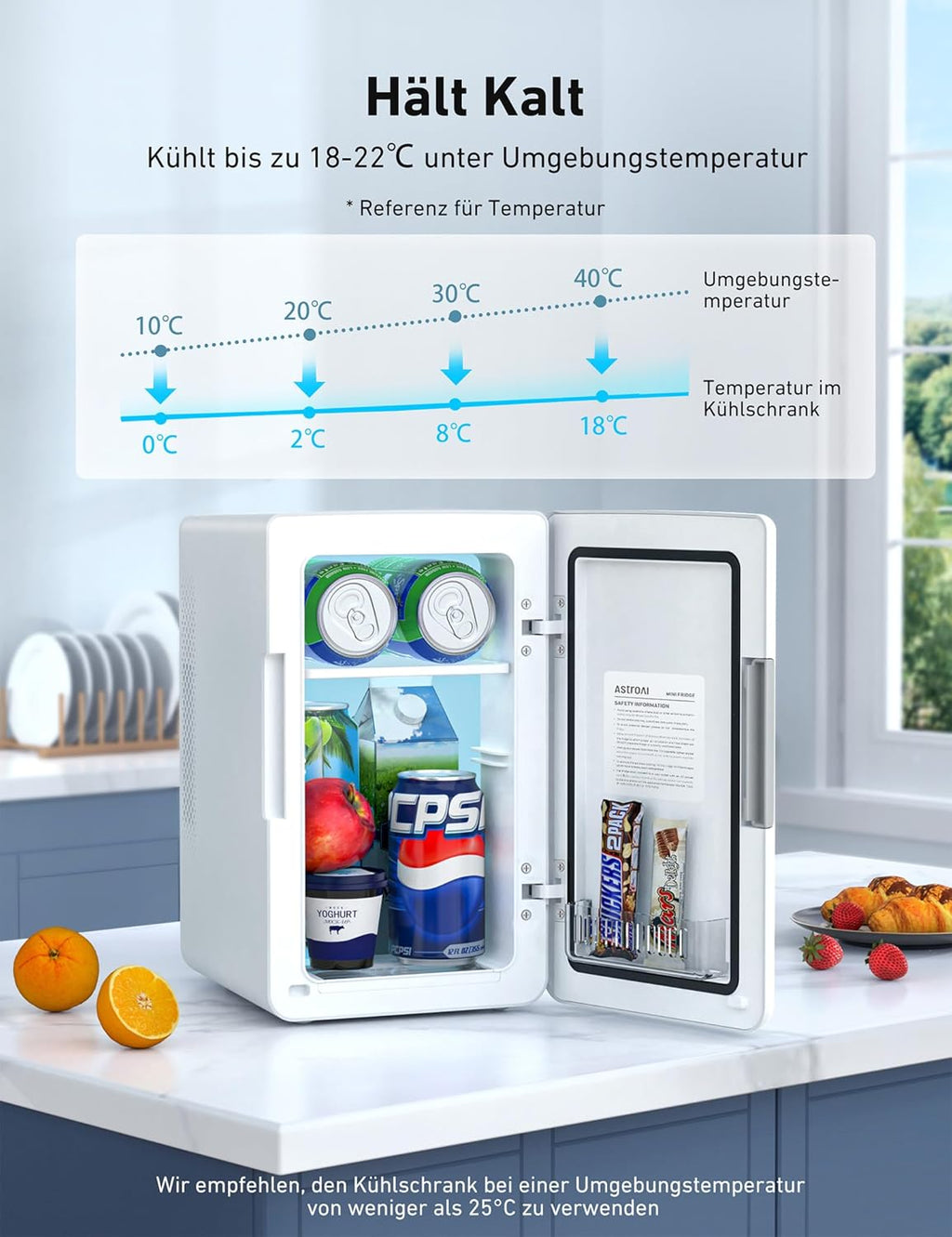 AstroAI 2 in 1 Mini Kühlschrank, 6 Liter Fridge / 8 Dosen mit Kühl- und Heizfunktion, 12V / 220V Steckdose für Autos, Büros und Schlafsle, Schwarz