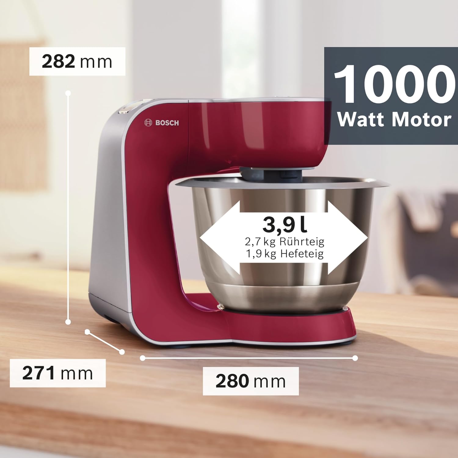 Bosch Robot da cucina Serie 4 MUM58720, ciotola in acciaio inox 3,9 L, frullatore 1,25 L, movimento planetario, gancio impastatore, frusta, frusta, tritacarne continuo, 3 dischi, 1000 W, rosso scuro/argento