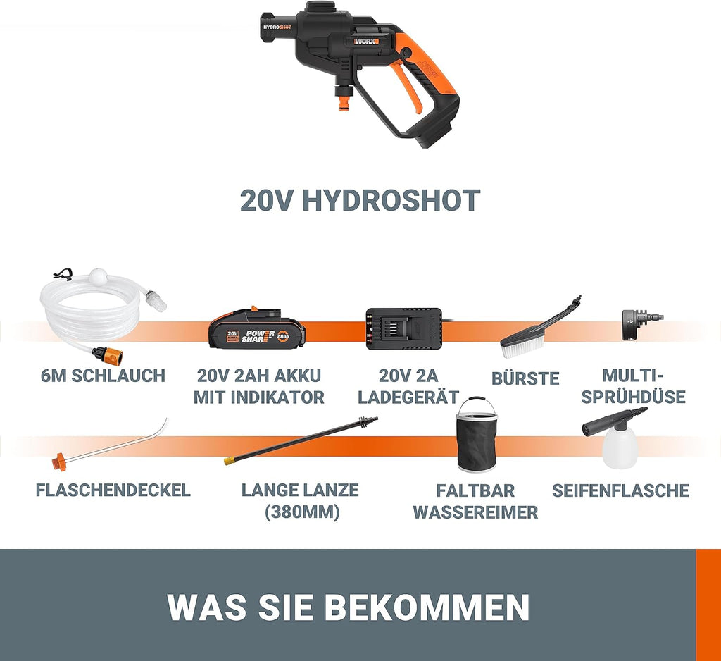 WORX WG620E.2 Akku Hochdruckreiniger Hydroshot 20V – Mobiler Hochdruckreiniger inkl. Multi-Sprühdüse, Waschbürste, Schaumdüse, Flaschenadapter, 6m Schlauch, Ladegerät & 20V Li-Ion Akku