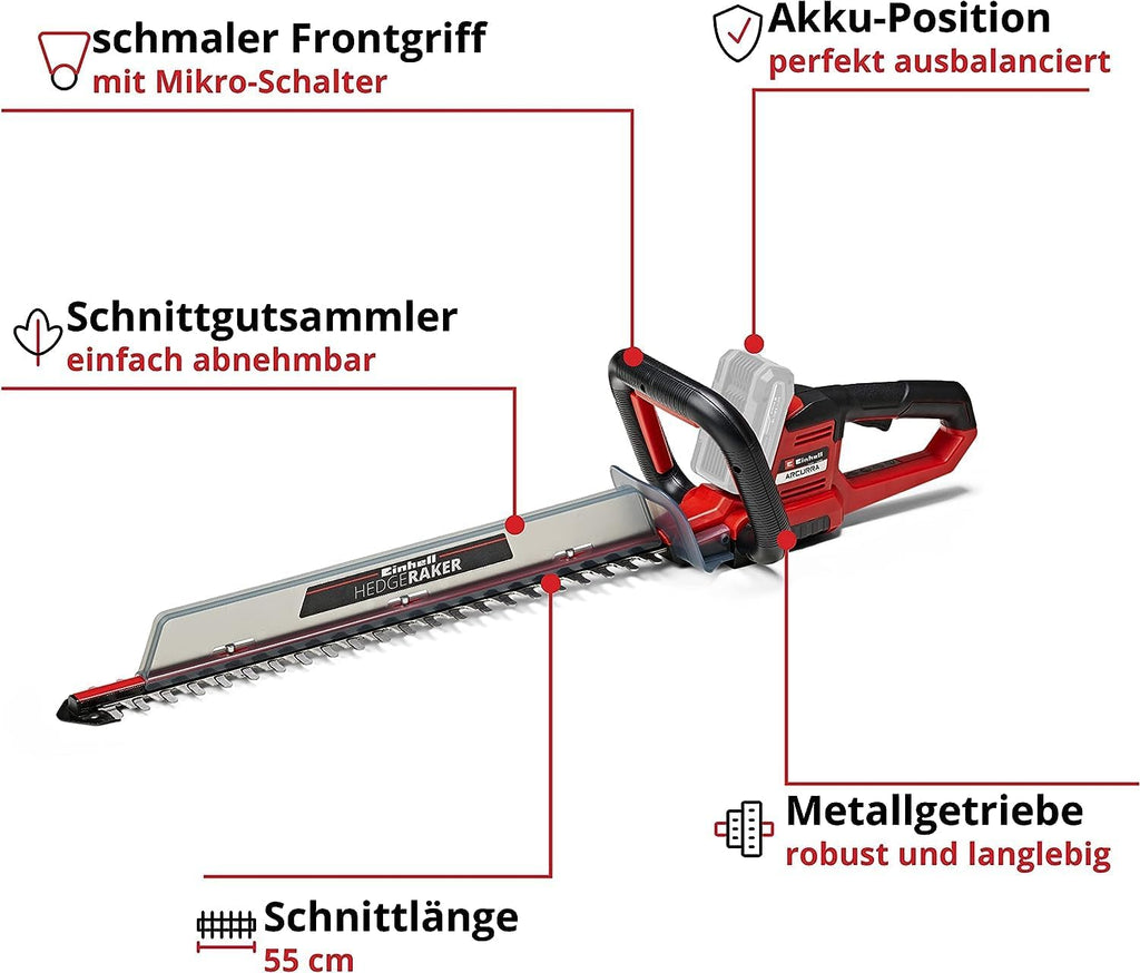 Einhell Tagliasiepi a batteria ARCURRA 18/55 Power X-Change (18 V, lunghezza di taglio 55 cm, distanza tra i denti 18 mm, incl. raccoglitore per residui di taglio, impugnatura anteriore sottile, senza batteria)