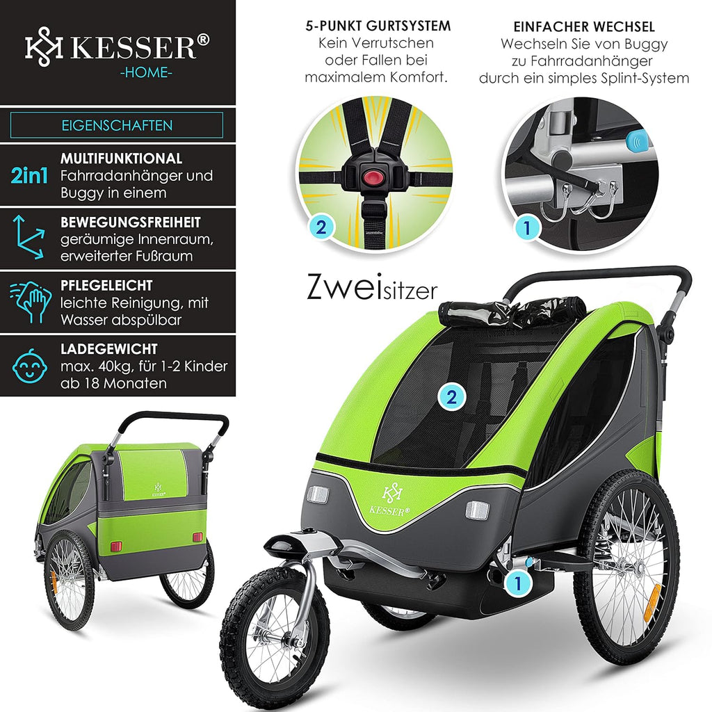 KESSER® Kinderanhänger Fahrradanhänger 360° Drehbar mit Federung 2in1 Joggerfunktion Kinderfahrradanhänger + 5-Punkt Gurt Jogger Fahrrad Anhänger für 1 bis 2 Kinder max. 40kg Inkl. Warnfahne Hellgrau