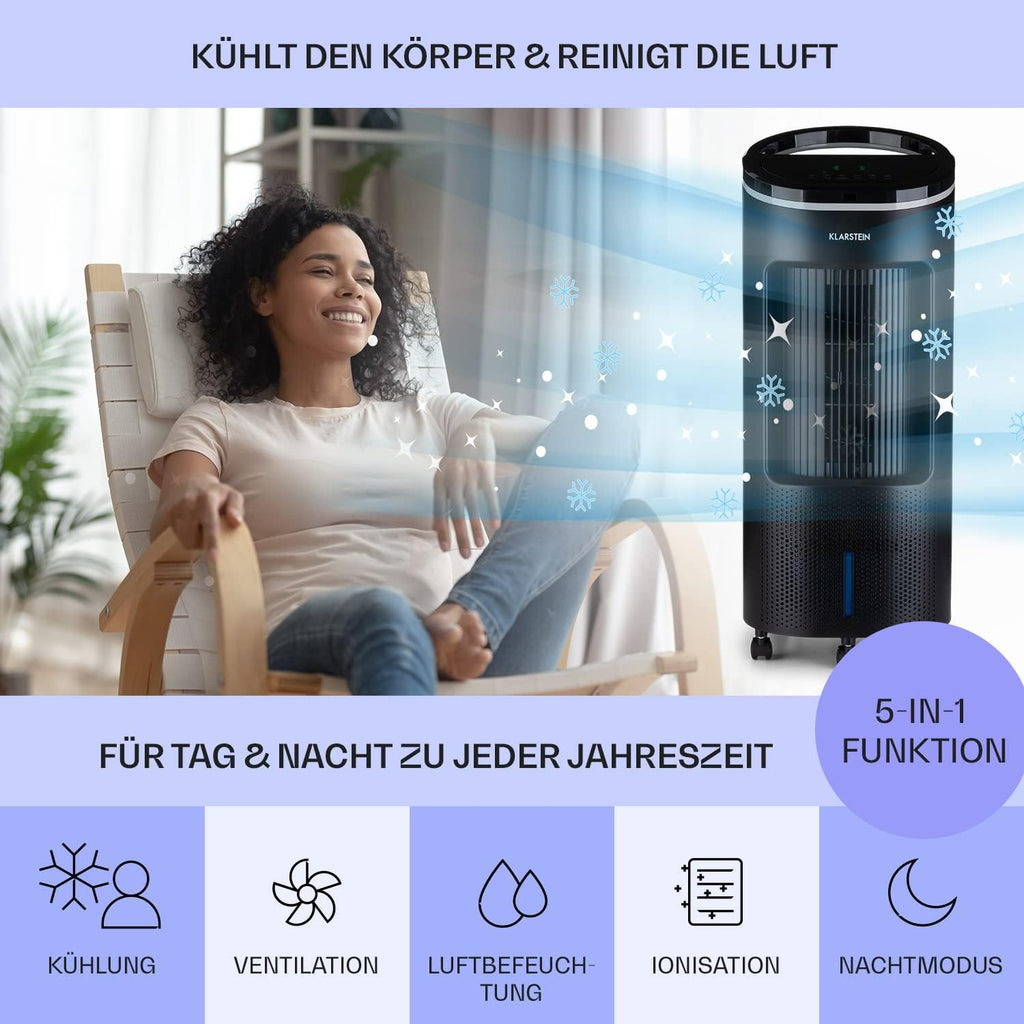 Klarstein Raffreddatore d'aria con Raffreddamento ad acqua, Raffrescatore Evaporativo Silenzioso 4-in-1, Umidificatore, Ventilatore e Modalità Notte, Raffrescatore Evaporativo Portatile 7L, 65W Air Cooler, Flusso d'aria di 330m³/h