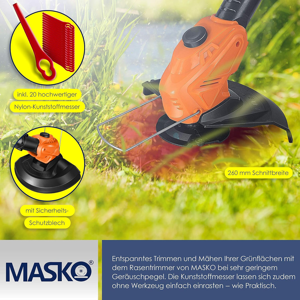 MASKO Decespugliatore a batteria con batteria al litio da 20 V, batteria da 2,0 Ah e caricabatterie, larghezza di taglio 26 cm, angolo di taglio 180°, manico telescopico e impugnatura aggiuntiva, incl. 20 lame in plastica, grigio