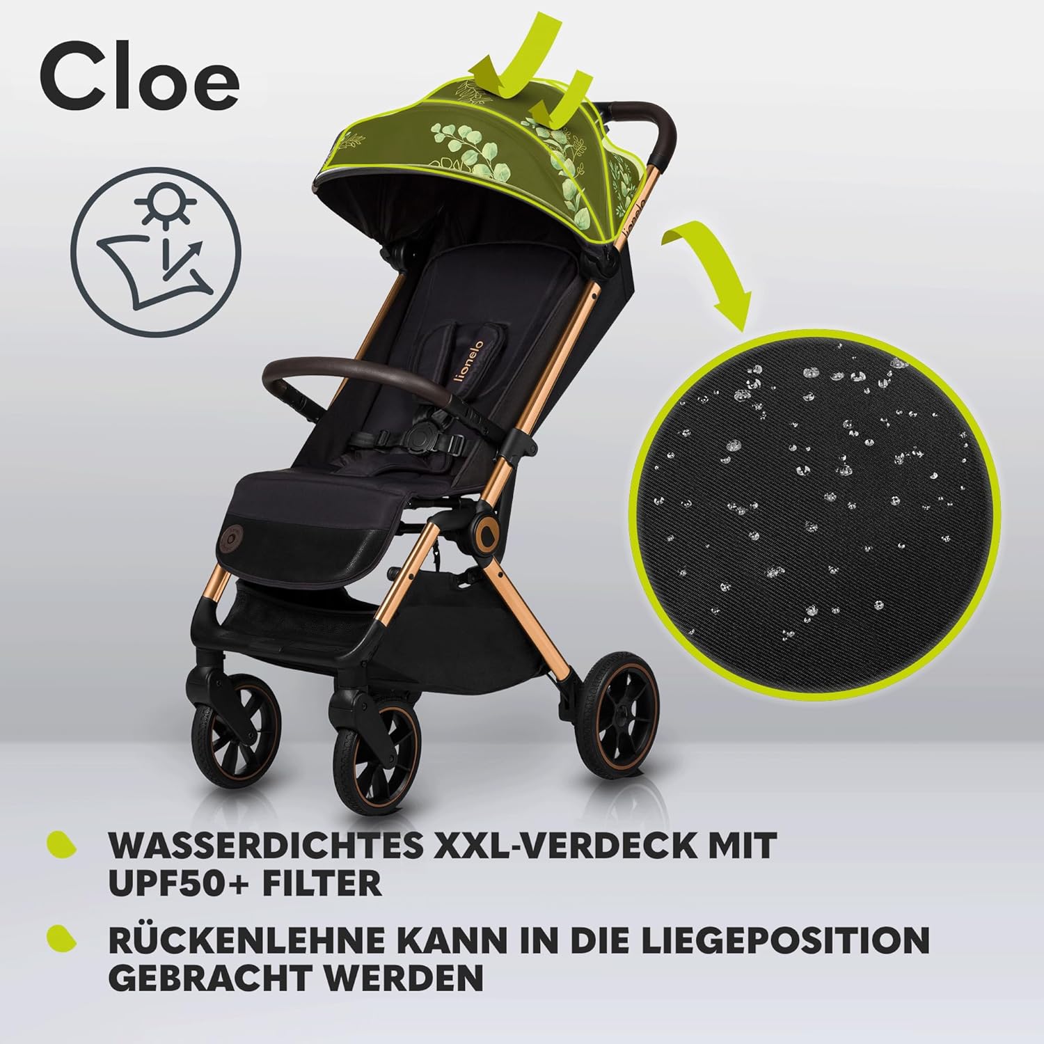 LIONELO Cloe Passeggino Pieghevole fino a 22 kg, Schienale Reclinabile Funzione Nanna, Imbracatura a 5 Punti Grandi Ruote Girevoli Zanzariera Porta Biberon Leggero Compatto Impermeabile (Grigio)
