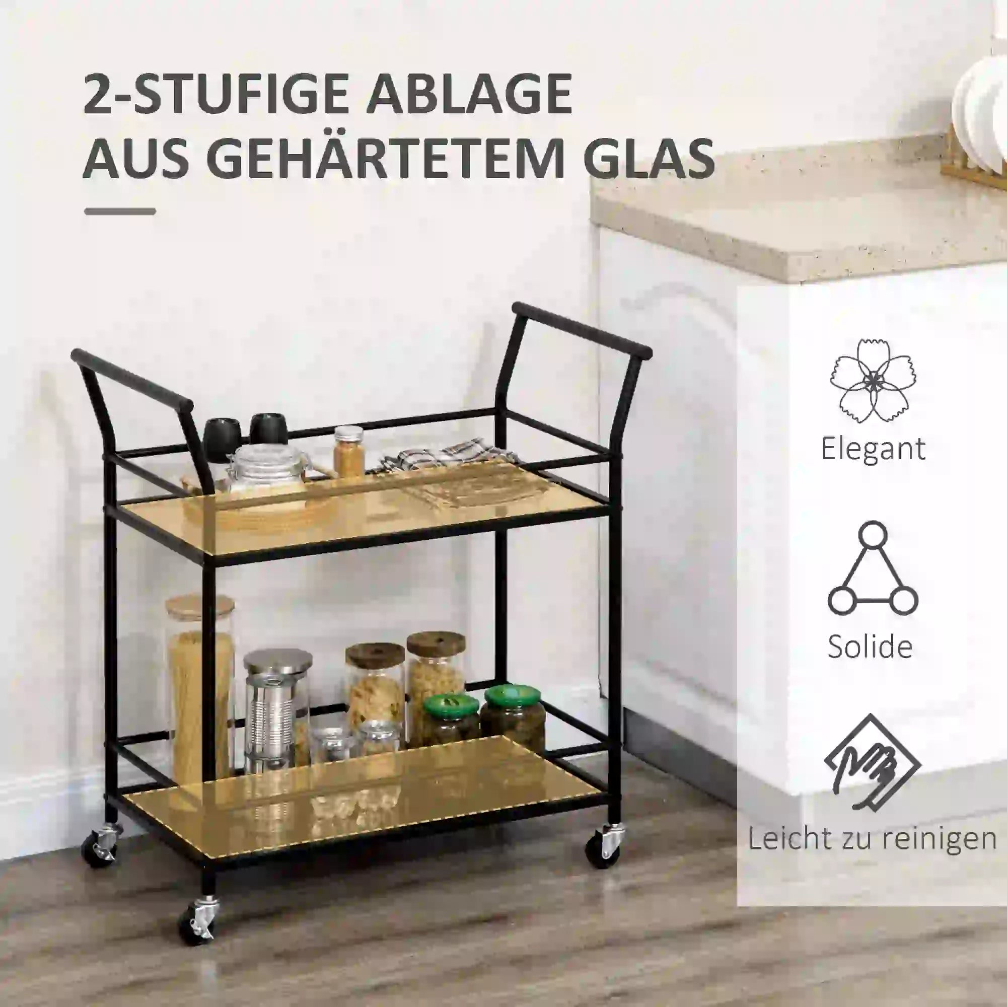 HOMCOM Servierwagen Küchenwagen 2-stufig mit Rollen Glas