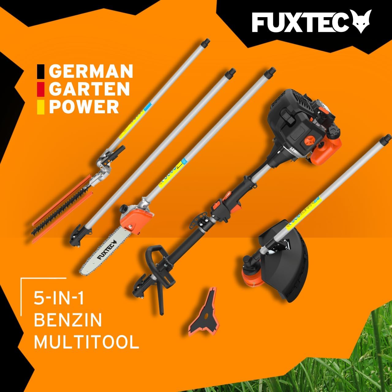FUXTEC Decespugliatore a scoppio FX-MT152E Multitool 5in1, 52 cc, imbracatura professionale e prolunga da 1m inclusa, 3 CV, combinato tagliasiepi, potatore ad asta, sistema combinato, decespugliatore fs 2 tempi test di classe superiore 1,4