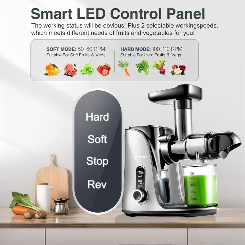 AMZCHEF Entsafter Slow Juicer leistungsstarker Entsafter für Obst und Gemüse mit 2 Geschwindigkeitsmodi, 500 ml Reiseflaschen - Large - Grau [Energieklasse A+++]