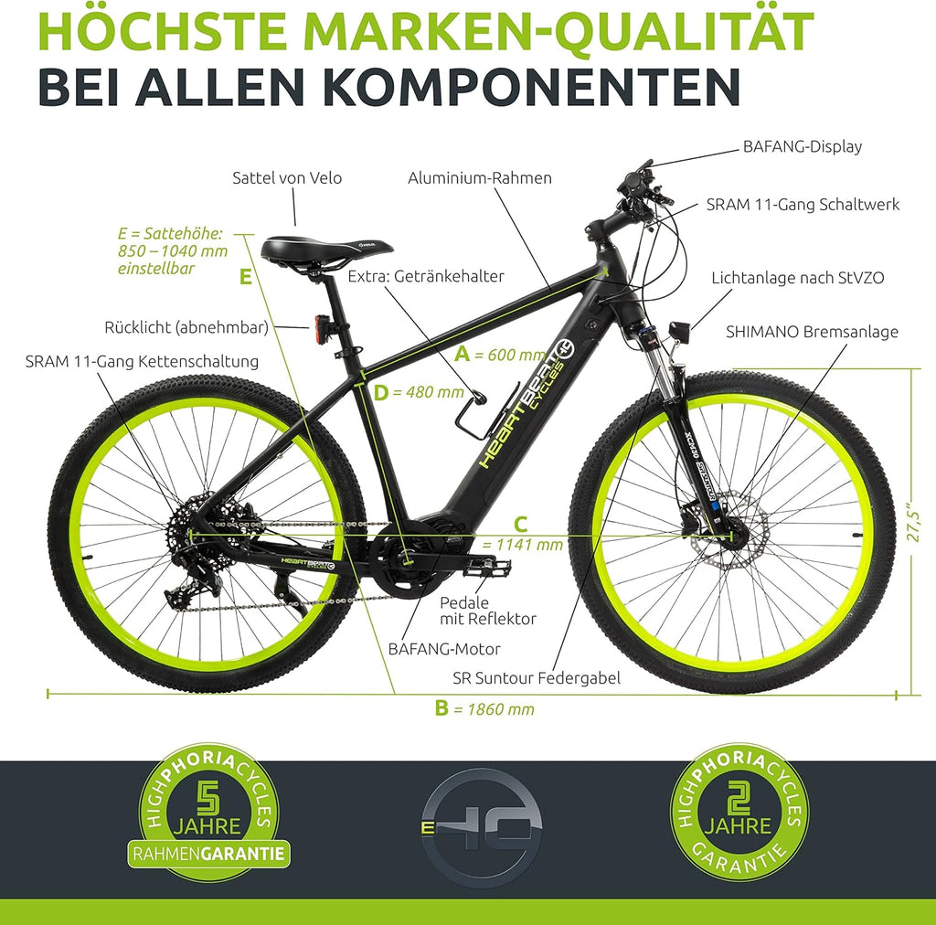 Highphoria Bici Elettrica Adulti, E-Bike 250W 25 km/h con Batteria, Motore Potente, Cambio a Catena, E-Mountain Bike con Forcella Ammortizzata Idraulica Pedelec per Uomo e Donna