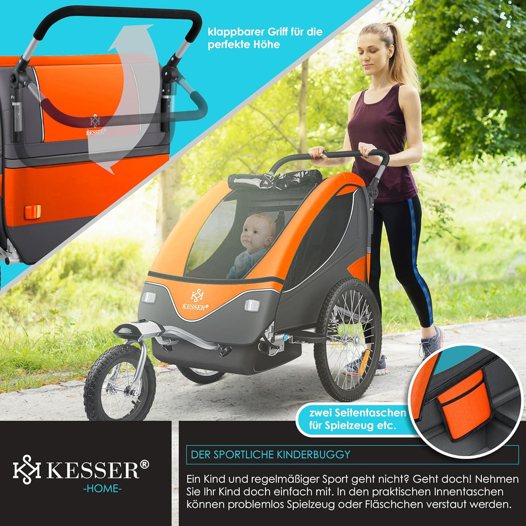 KESSER® Kinderanhänger Fahrradanhänger 360° Drehbar mit Federung 2in1 Joggerfunktion Kinderfahrradanhänger + 5-Punkt Gurt Jogger Fahrrad Anhänger für 1 bis 2 Kinder max. 40kg Inkl. Warnfahne Hellgrau