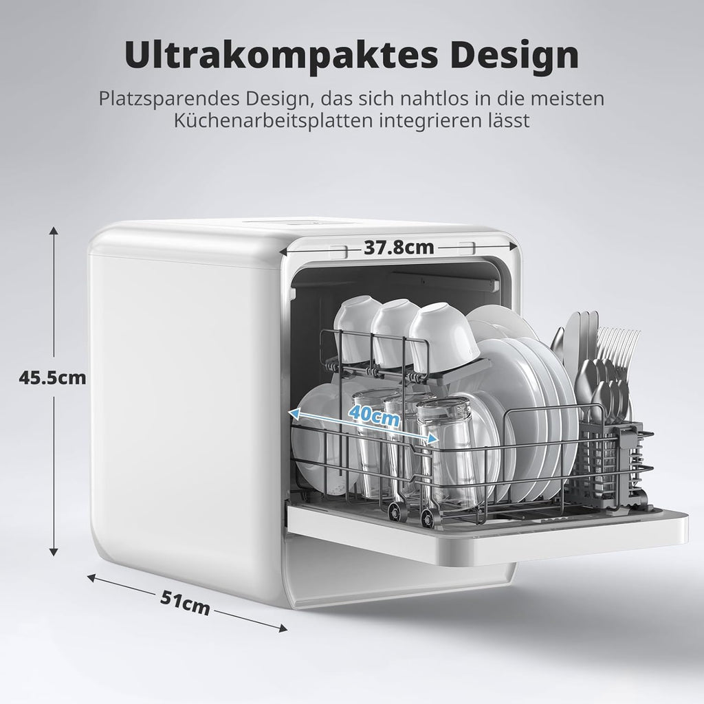 AIRMSEN Tischgeschirrspüler Mini Geschirrspüler mit wassertank klarspüler spülmaschine mit 9 Programme 37 * 50cm Ultra-Schmal & Tief, 1-24H Timer, 360° Doppelspray Schlauch-/Schlauchlos Weiß (Weiß)