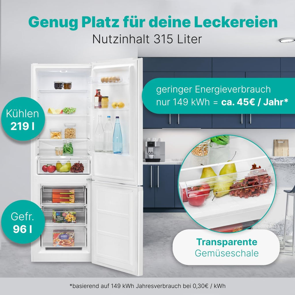 Combinazione frigo-congelatore Bomann®, capacità netta 269 L - Frigorifero: 198 L | Congelatore: 71 L, a risparmio energetico, silenzioso 39 dB, LED, porta reversibile, Altezza: 180 x Larghezza: 55 x Profondità: 55,8 cm - KG 184.1 bianco