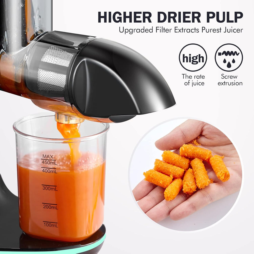 AMZCHEF Estrattore di Succo per Frutta e Verdura con 2 Modalità di Velocità - Slow Juicer con Bottiglia Portatile e 2 Tazze - Cold Press Juicer Senza BPA con LED Intelligente e Funzione di Inversione - Nero