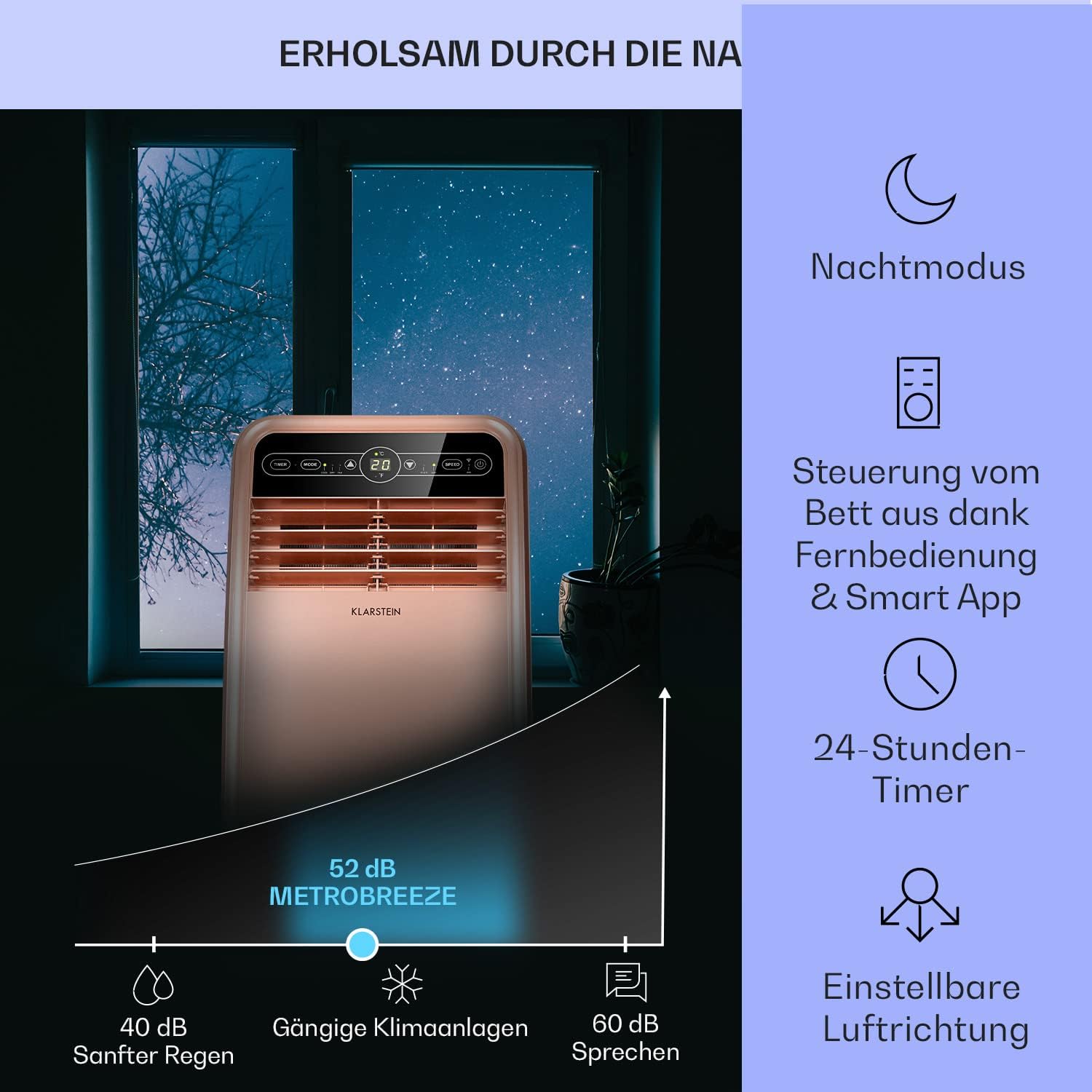 Klarstein Climatizzatore Portatile con Tubo di Scarico, Condizionatore 4-in-1 con Ventilatore, Deumidificatore e Modalità Notturna, Piccolo e Portatile per Casa e Ufficio, Controllo tramite App, 12000 BTU