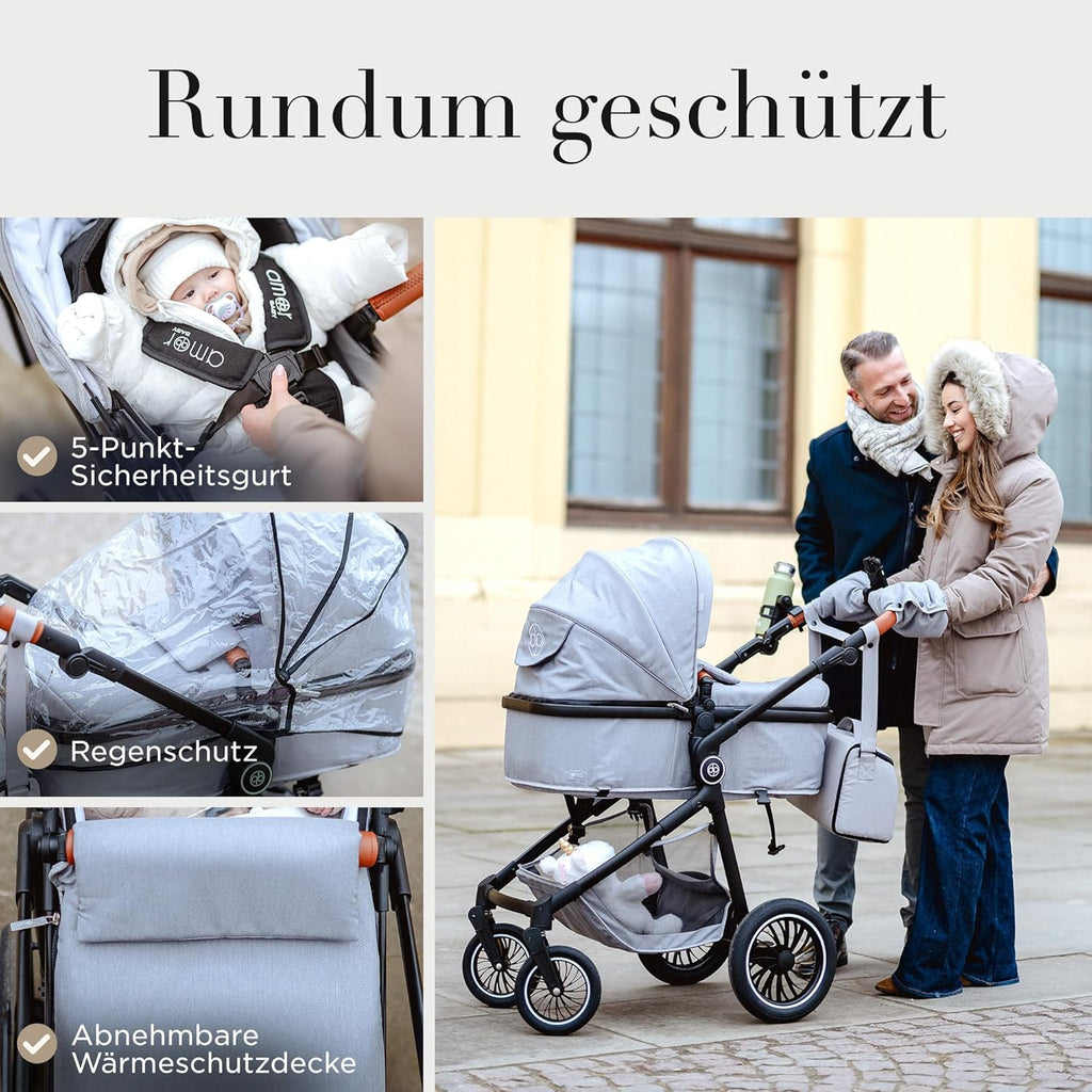 Kinderwagen [3 in 1] - Babyschale, klassischer Babywagen & Autositz in einem Set | Buggys, Kinder Wagen, Baby Stroller | Höchste Sicherheit Inkl. Isofix & 5-Punkt-Sicherheitsgurt | AMOR BABY Primus