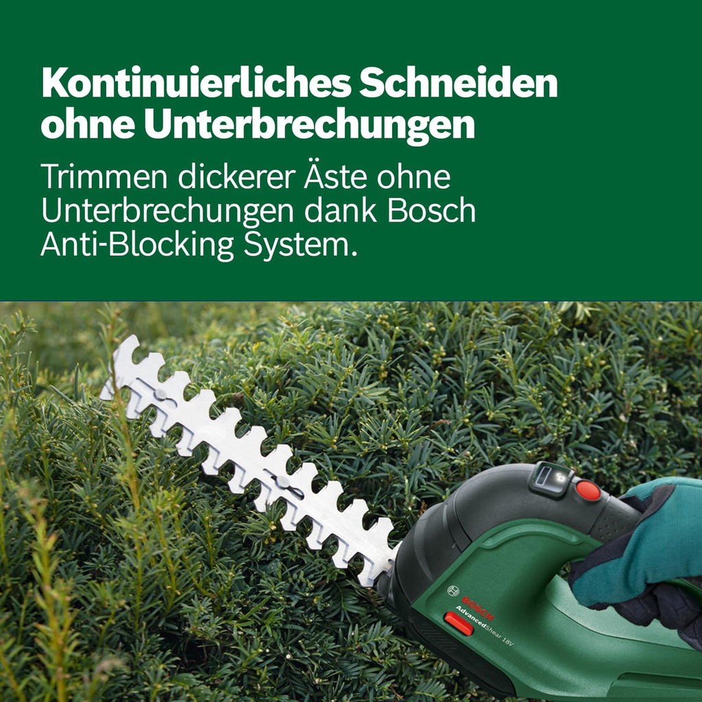 Bosch Akku Grasschere AdvancedShear 18V-10 (1 Akku 2,0 Ah, 18-Volt-System, schneidet bis zu 85 m pro Akkuladung, mit Strauch- und Grasscherenmesser, im Karton)