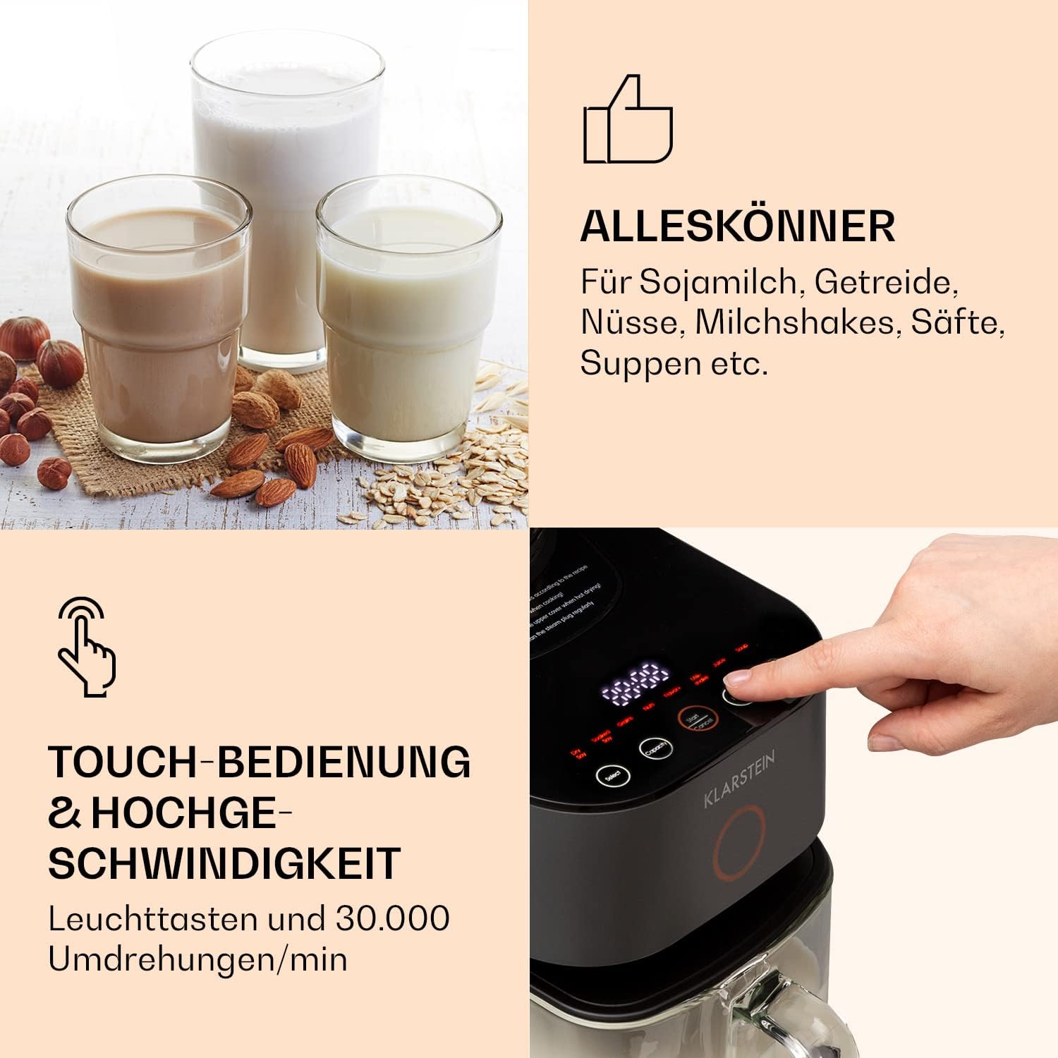 Klarstein Mixer, frullatore con motore da 300 W e potenza di riscaldamento da 1250 W, frullatore ad alte prestazioni per la preparazione di latte vegetale, frullatore per smoothie con tecnologia di riscaldamento a 360°, 30.000 giri/min, touchscreen, nero