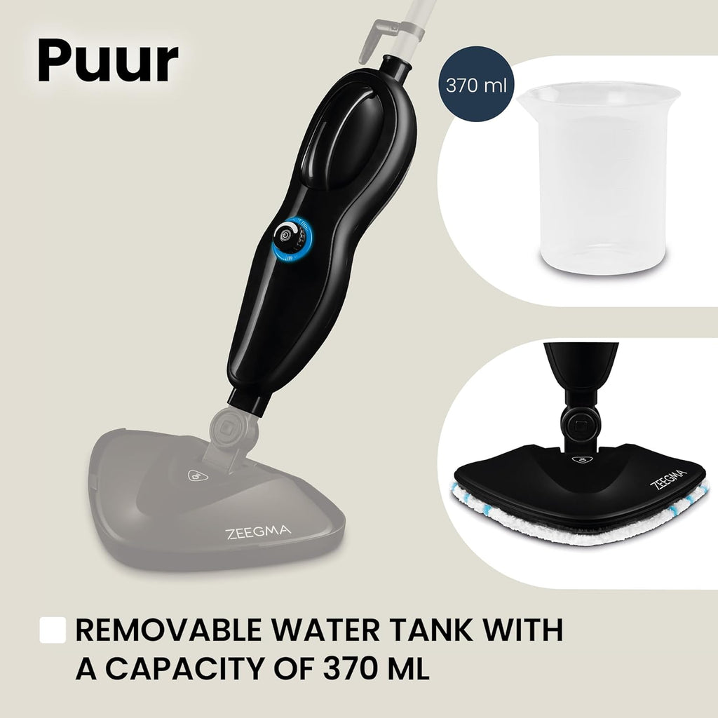 Zeegma PUUR Pulitore a Vapore, Pulizia Senza Prodotti Chimici, Pronto all'Uso in 25 Secondi, 7 Accessori Diversi, 2 Filtri per l'Acqua, Lunghezza Cavo 5m, Potenza 1500 W