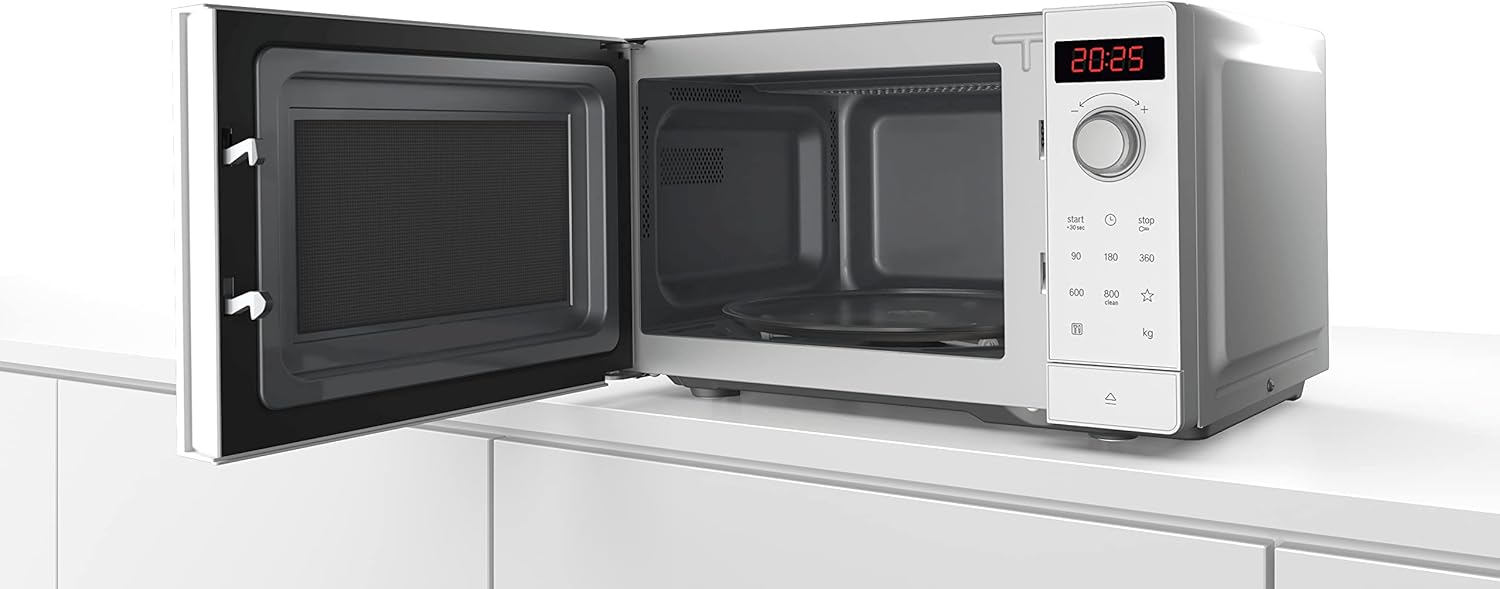 Bosch FFL023MS2 Serie 2 Microonde, 26 x 44 cm, 800 W, Piatto girevole 27 cm, Cerniera porta a sinistra, AutoPilot 7 Programmi automatici, Supporto per la pulizia, Display LED touch, Acciaio inossidabile