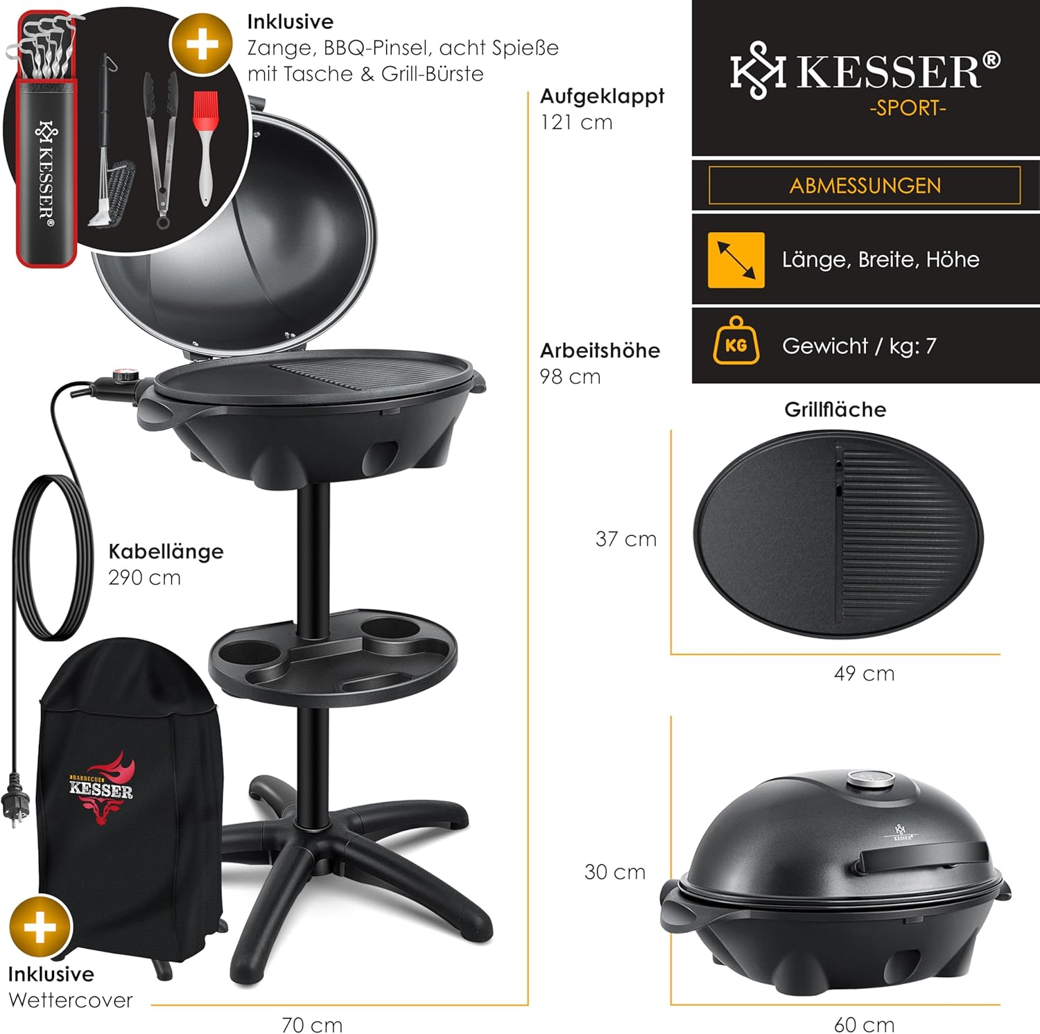 KESSER® Barbecue elettrico 2 in 1 da tavolo e da terra con coperchio, base, termometro max. 2400 Watt, piastra antiaderente XXL, ripiano, barbecue elettrico a colonna, set per barbecue incluso