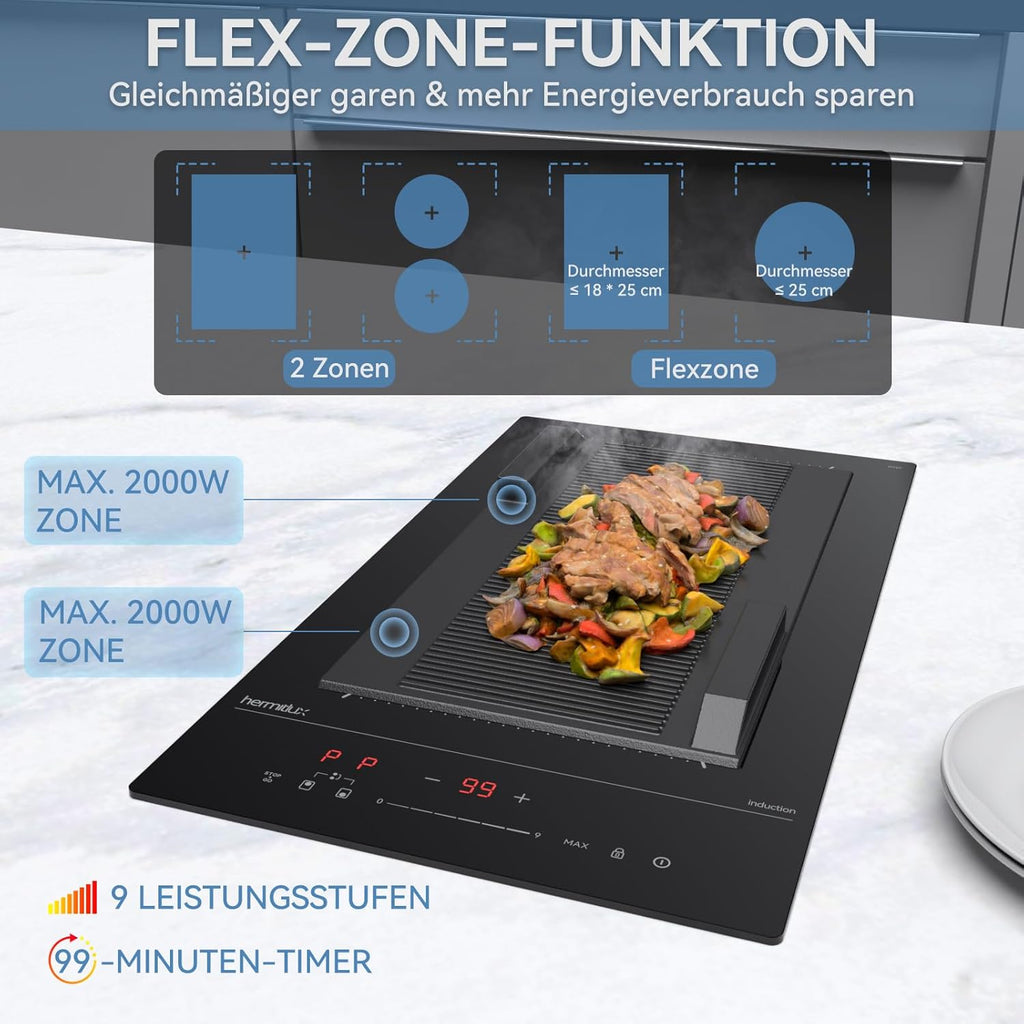 Induktionskochfeld 60cm, Eingebautes Schwarzes elektrisches Kochfeld, mit 4 Kochzonen, 9 Leistungsstufen, Geeignet für Eisen- und Edelstahltpf