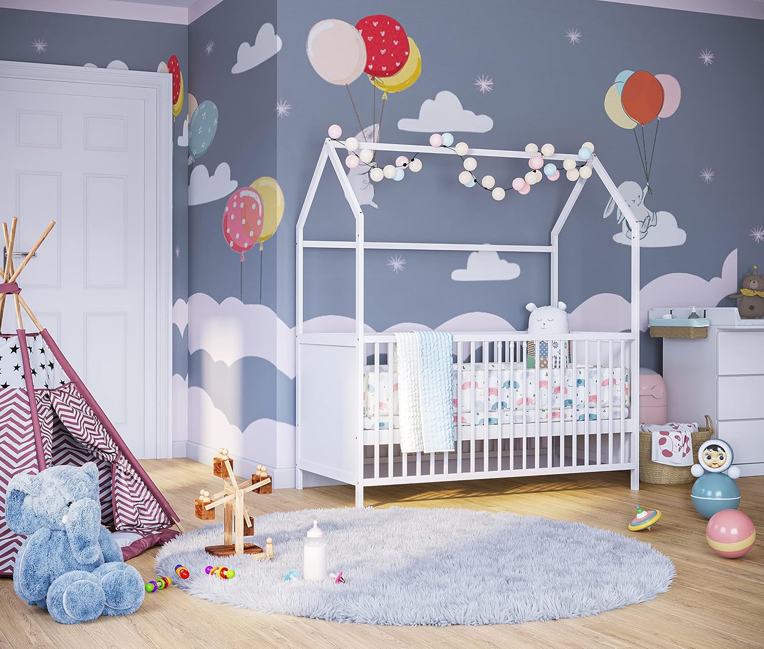 Bellabino Nika Lettino a capanna 70 x 140 cm, letto con sbarre e lettino a capanna per bambini e neonati in pino massiccio bianco, regolabile in altezza su 3 posizioni, incl. rete a doghe