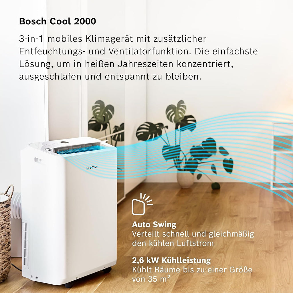 Bosch Cool 4000 Climatizzatore Mobile - 3-in-1: Climatizzatore, Deumidificatore, Ventilatore - 2,6 kW per ambienti fino a 35m² - Con modalità automatica, silenziosa e notturna
