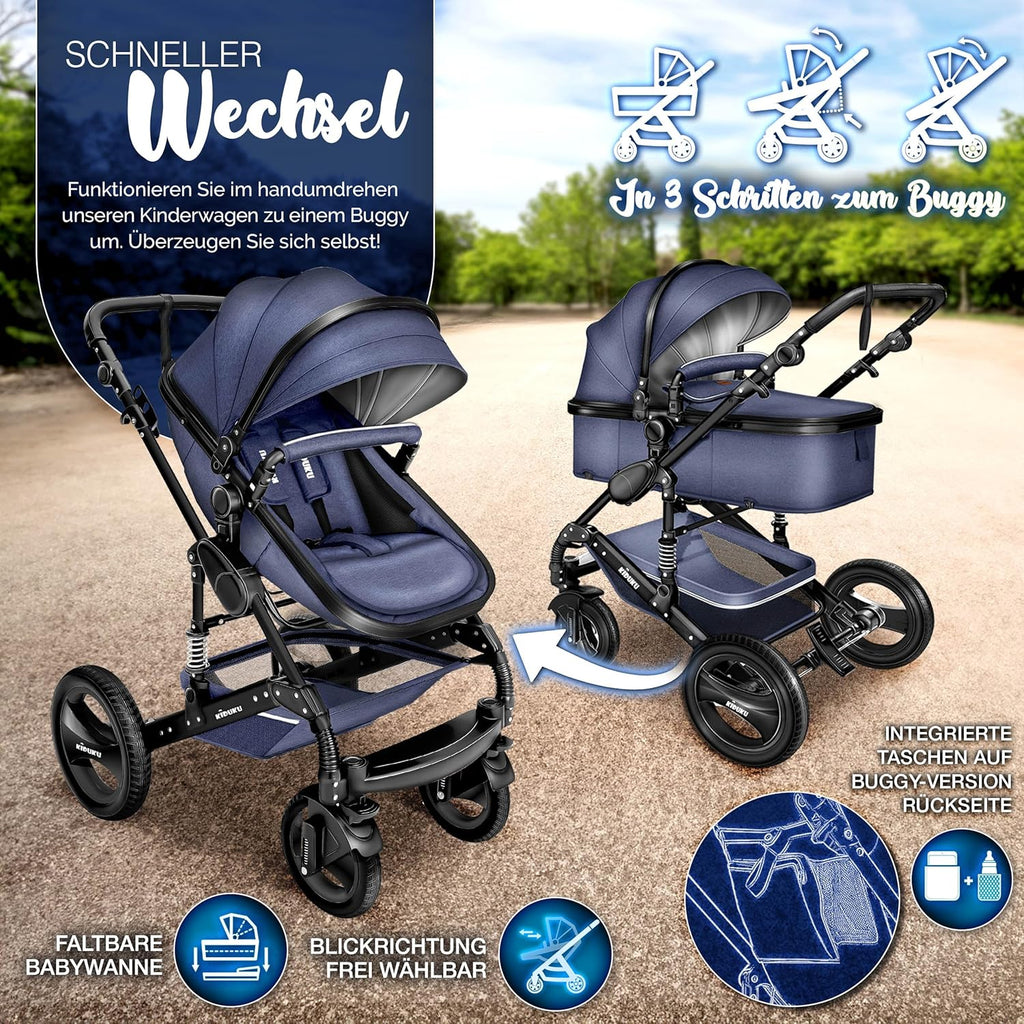 KIDUKU® Set completo passeggino 3 in 1 | Set passeggino combinato con navicella e sedile sportivo passeggino e seggiolino auto ovetto sacco a pelo | Ruote in gomma piena borsa per il cambio scaldamani parapioggia tavolino ECE R129